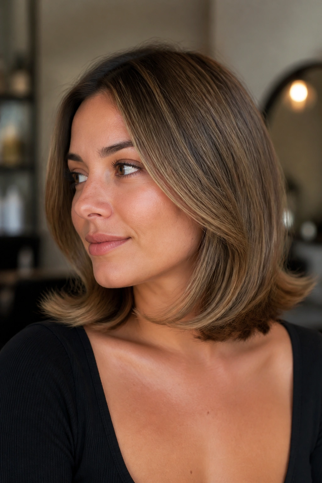Portrait of a real woman with flipped-out lob ends curling outward in warm salon lighting.