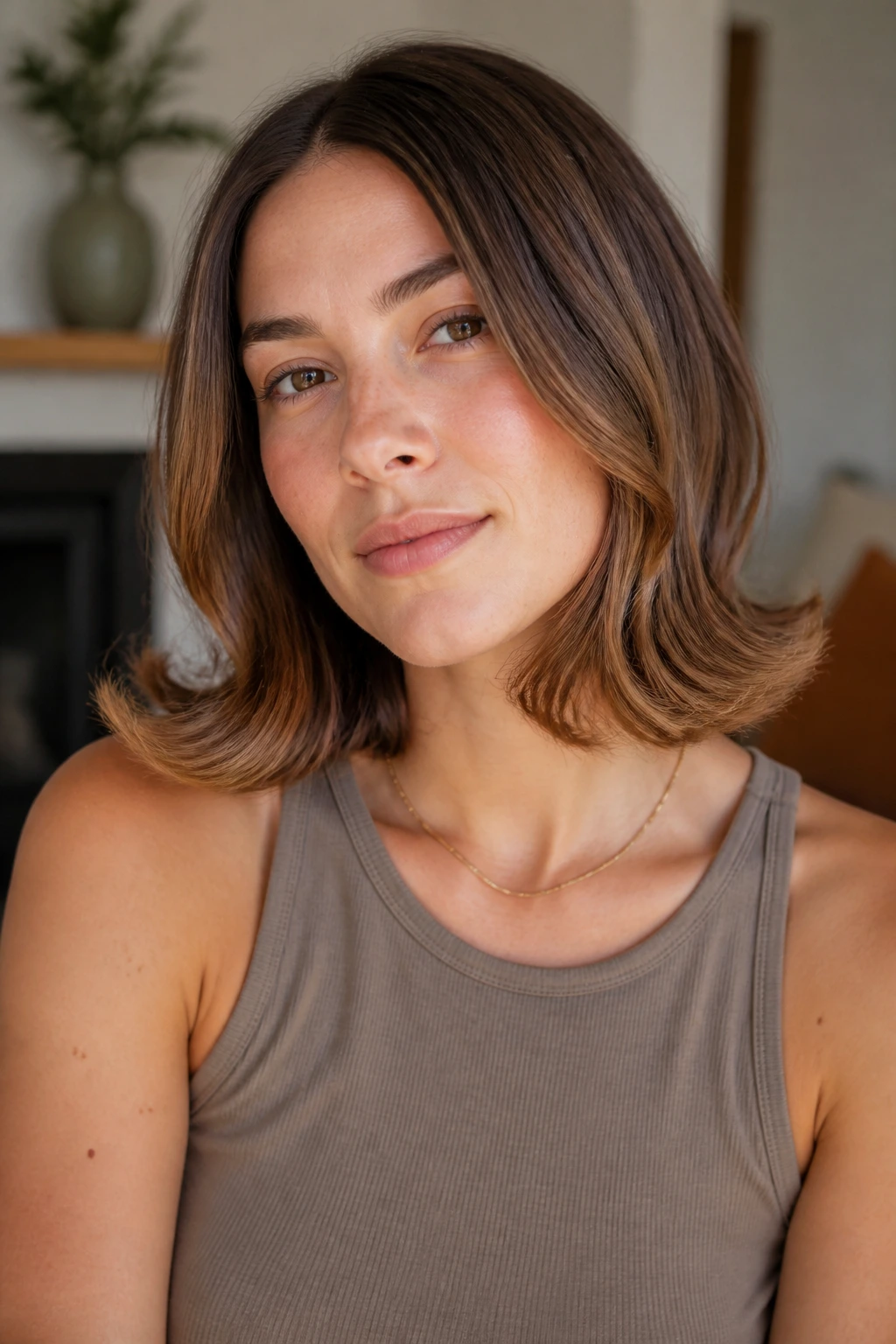 Close-up of a real woman with a flipped-out lob and soft bend at the ends