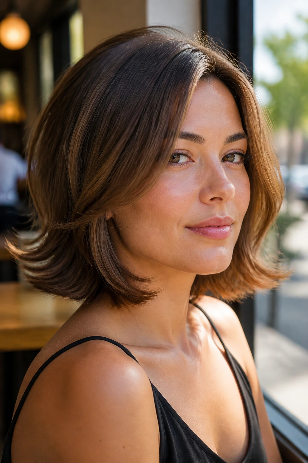 Close-up portrait of a real woman with flipped-out layered lob in cafe-window light