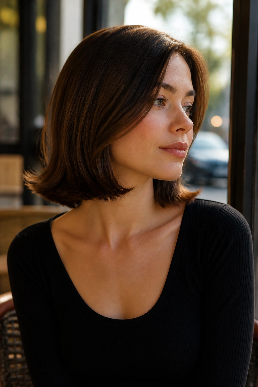 Portrait of a real woman with a flipped-out lob, ends kicking outward.