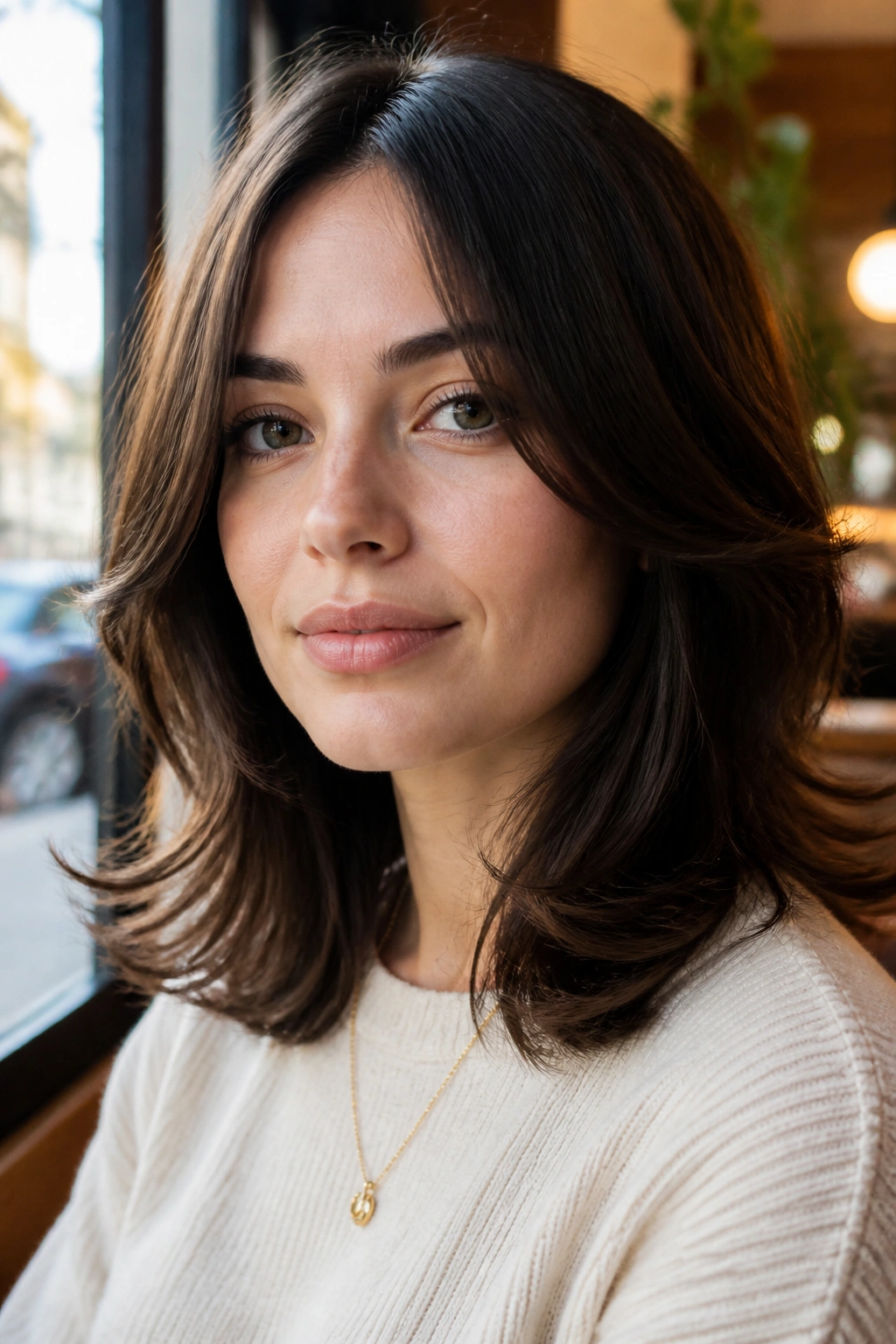 Close-up portrait of a real woman with mid-length hair and flipped-out layers