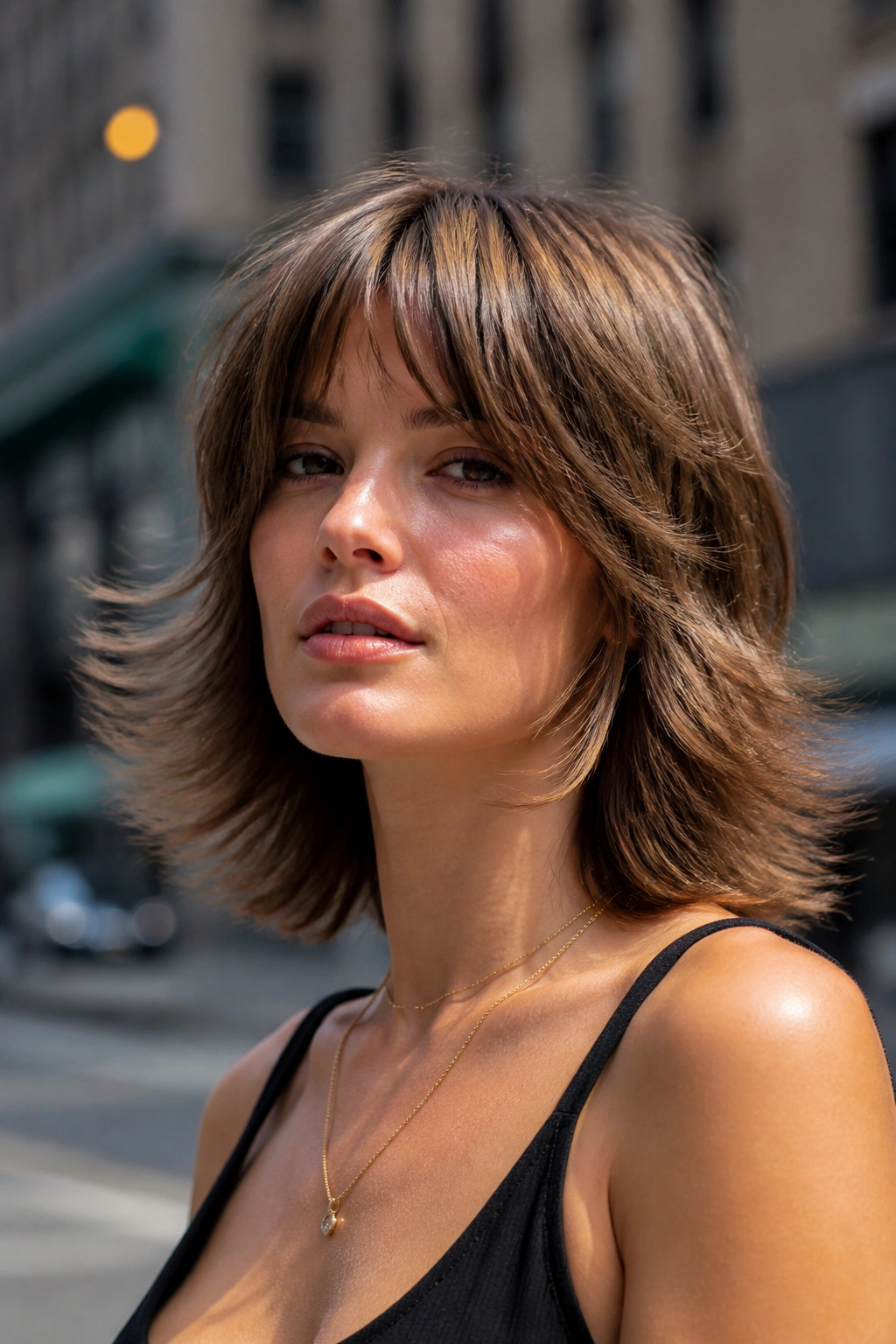 Portrait of a person with flipped-out shag ends creating width