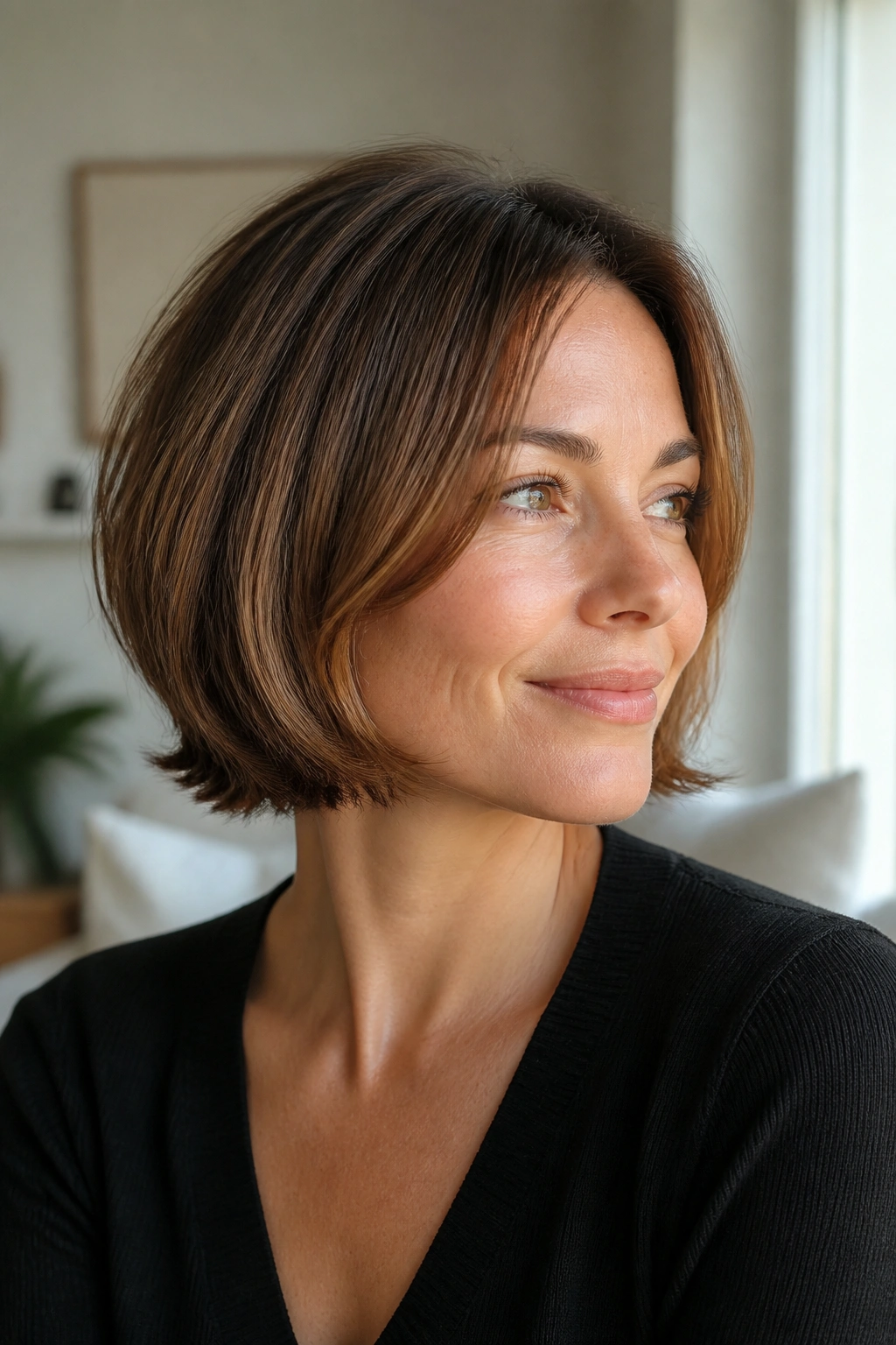 Portrait of woman with flipped-under bob and textured ends in natural light