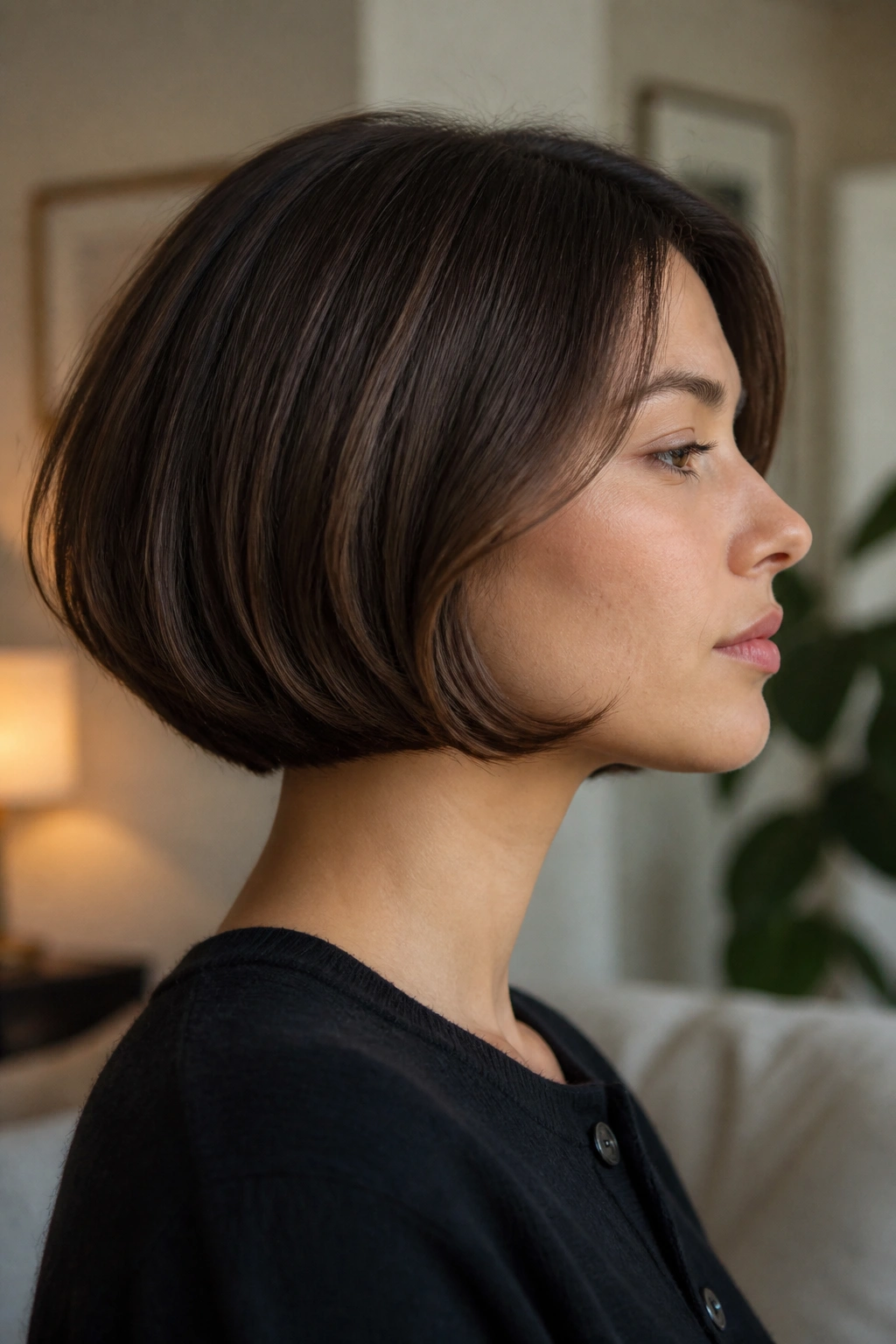Profile close-up of a real woman with an underflip in a French bob.