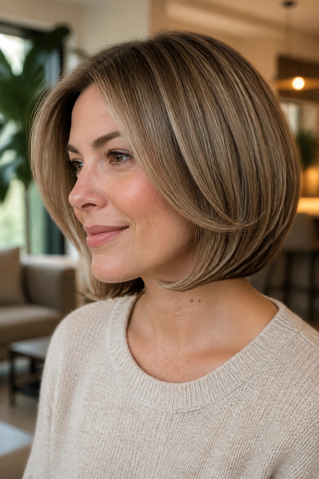Portrait of a woman with flipped-under graduated bob and soft ends.