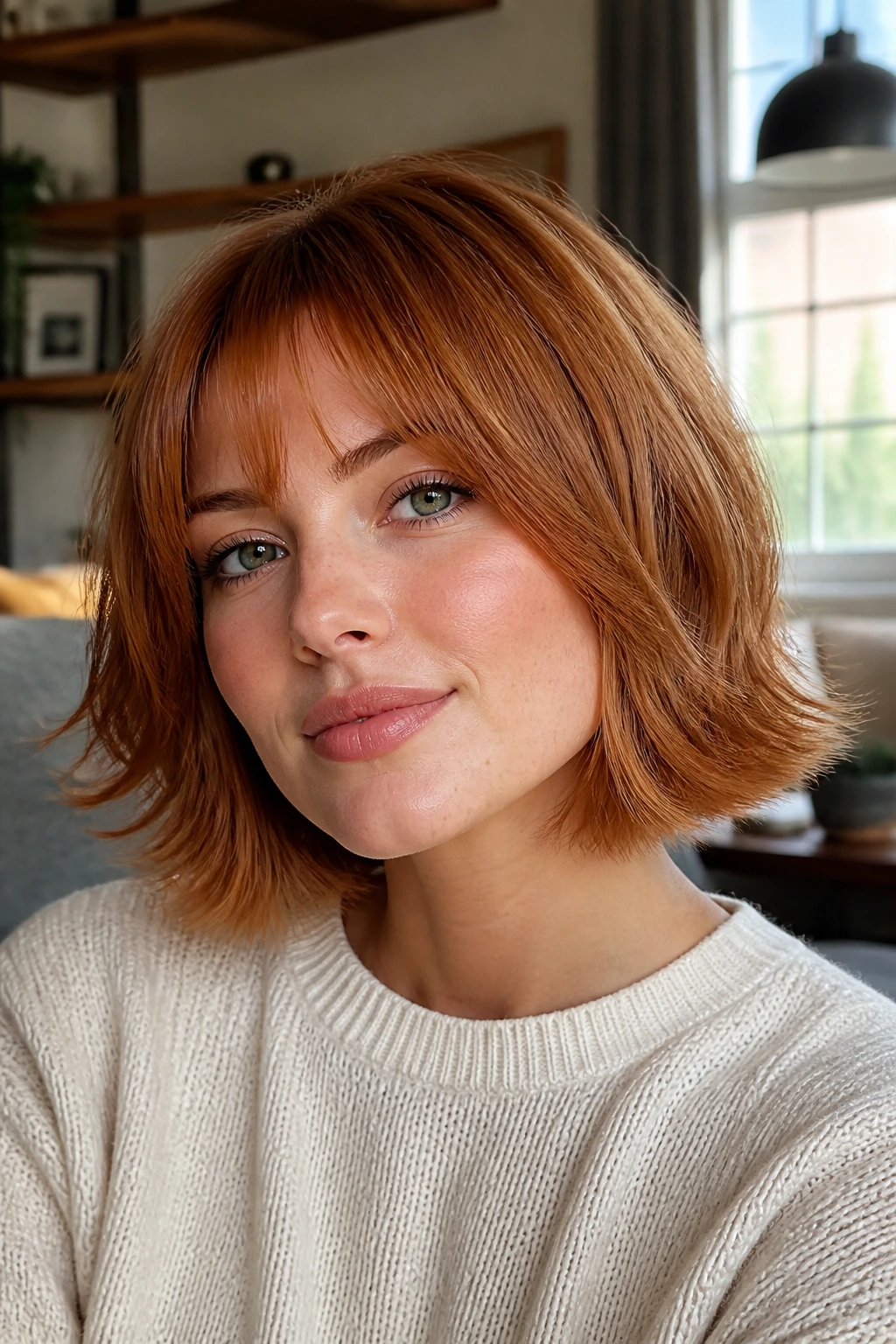 Close-up portrait of a real woman with a flippy strawberry bob and feathered ends.