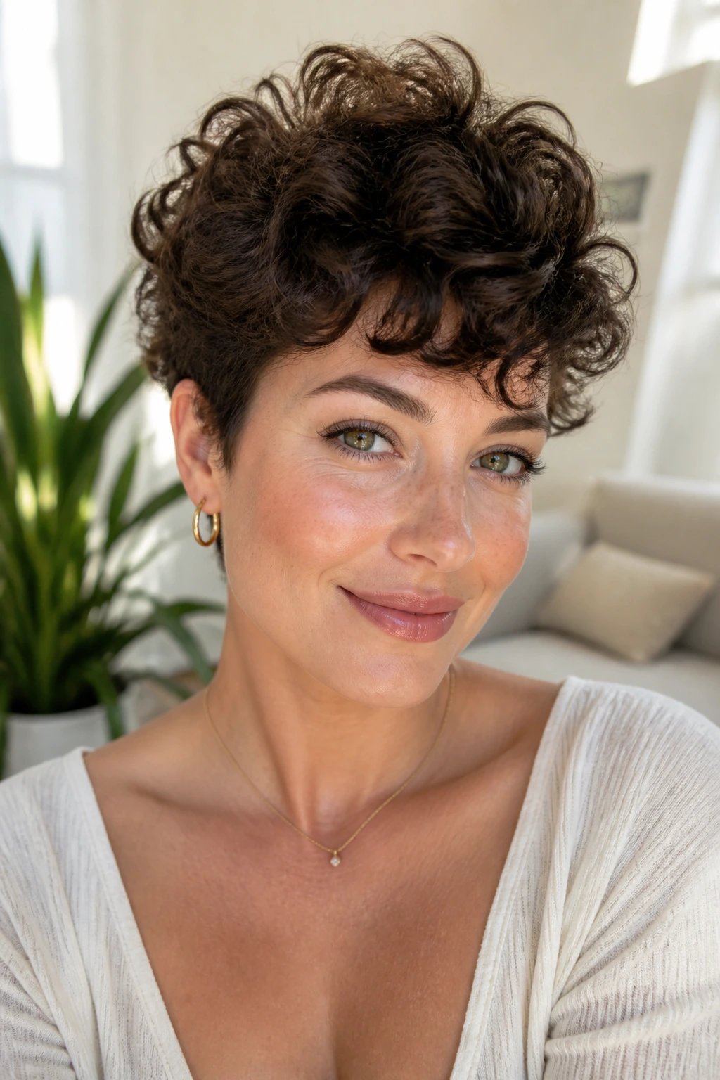 Portrait of a real woman with fluffy curly pixie and root lift