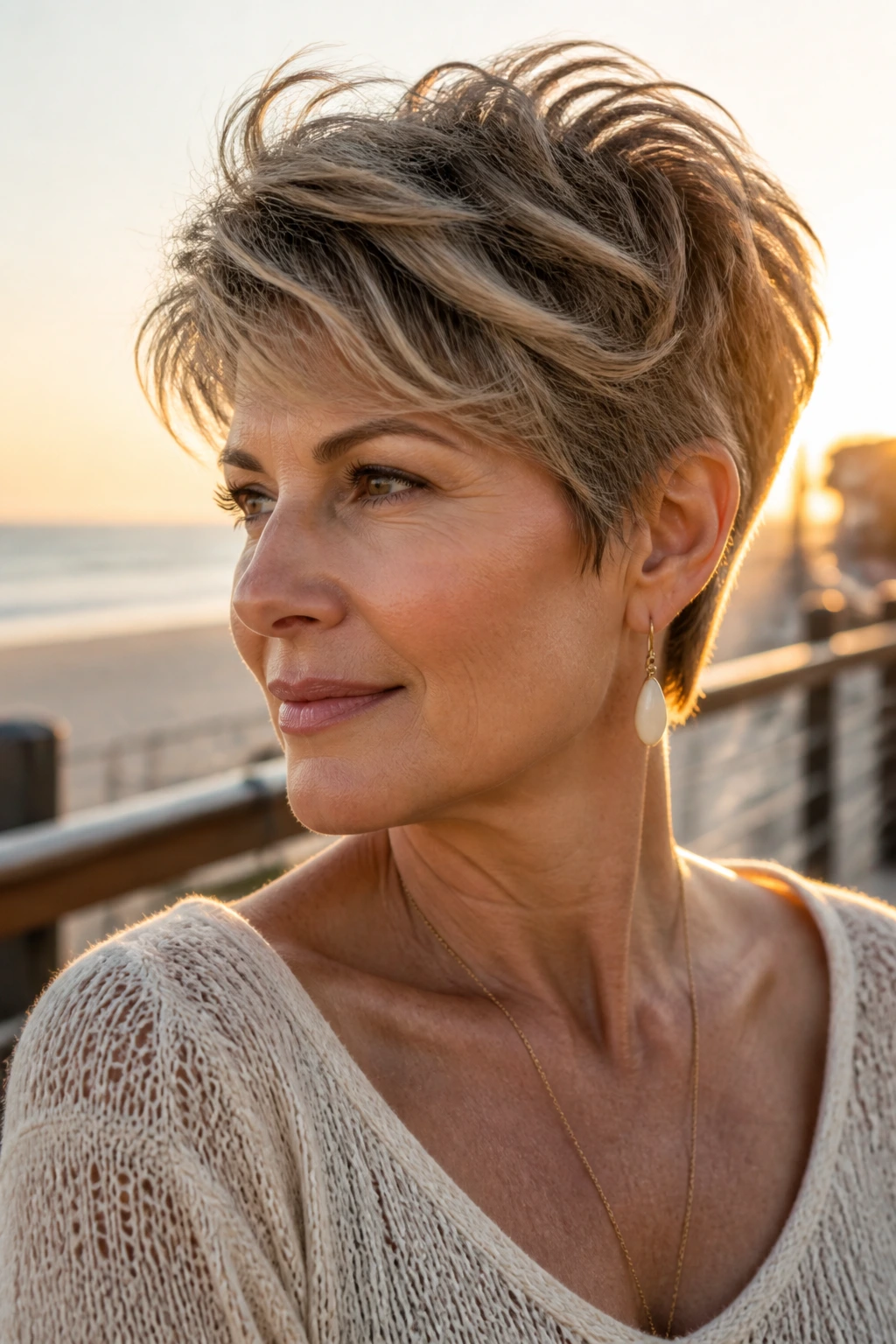 Close-up portrait of a real woman with a Fluffy Layered Pixie haircut