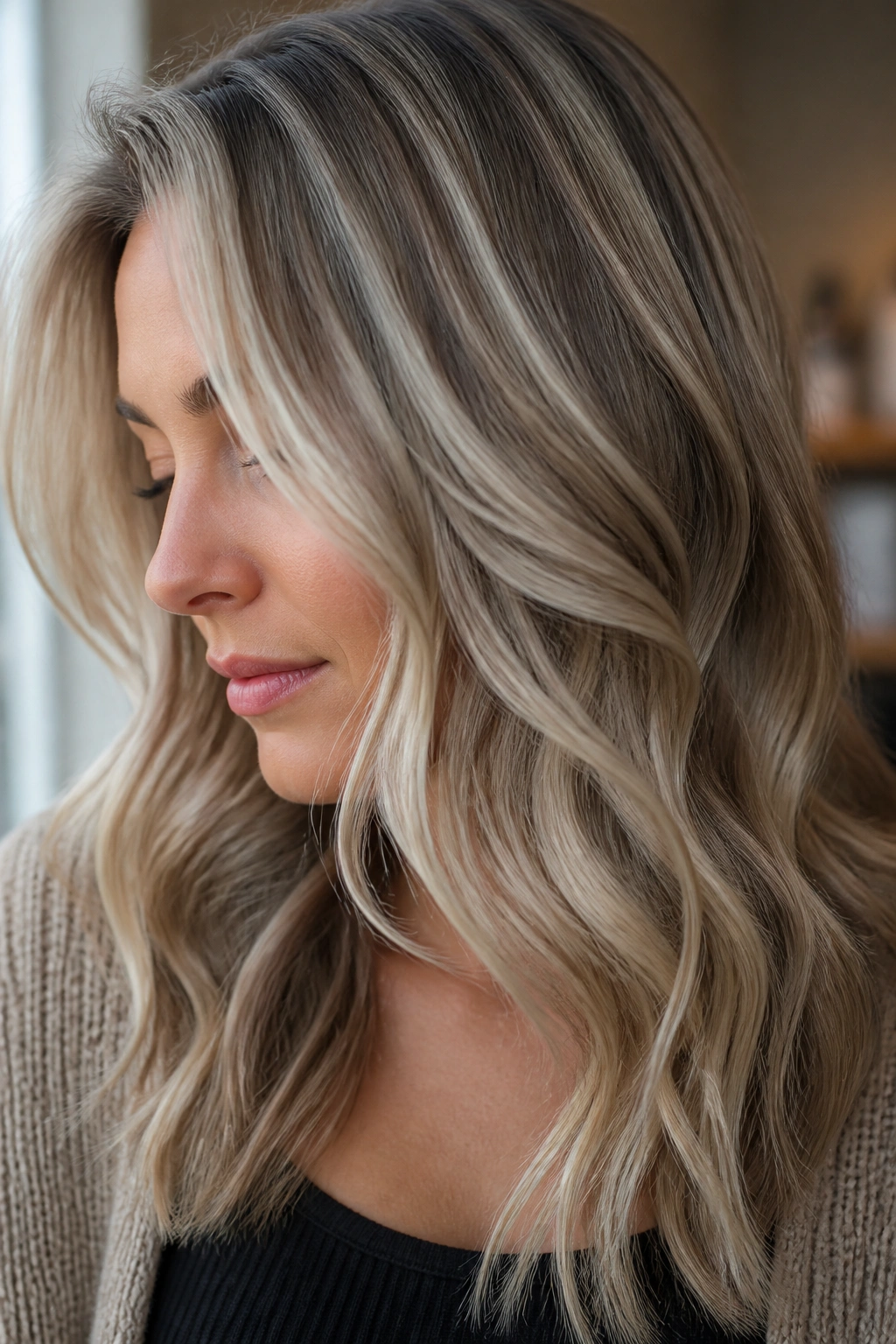 Close-up of a real woman with foggy blonde ribbons hair in natural light