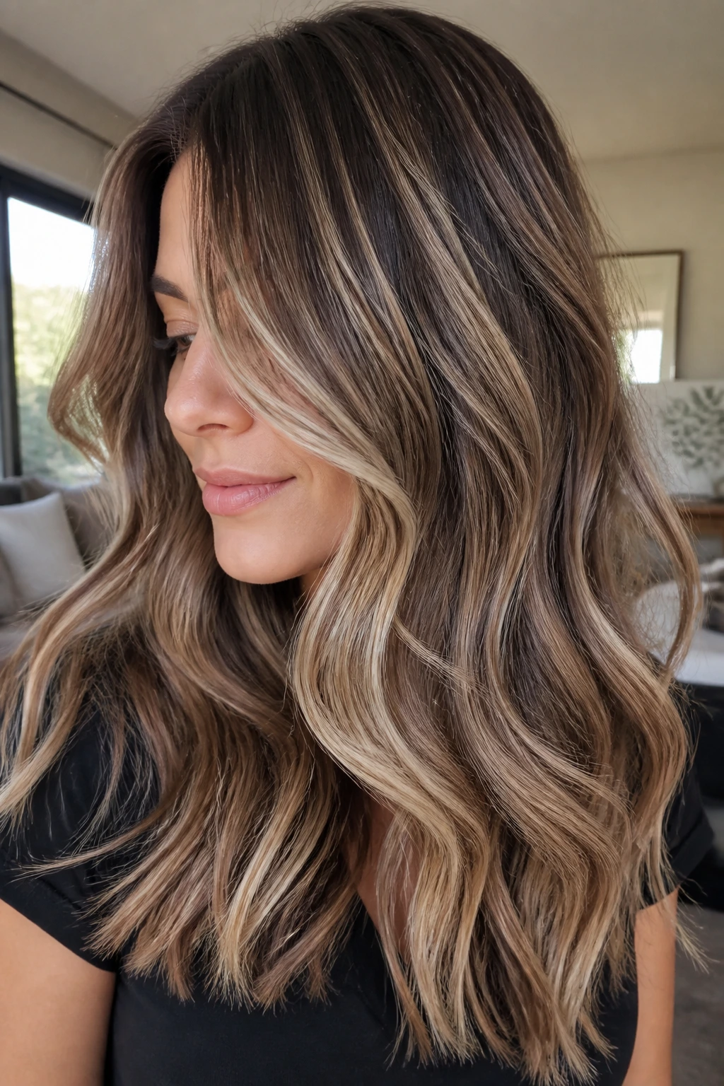 Close-up of beige blonde foilayage on wavy brown hair