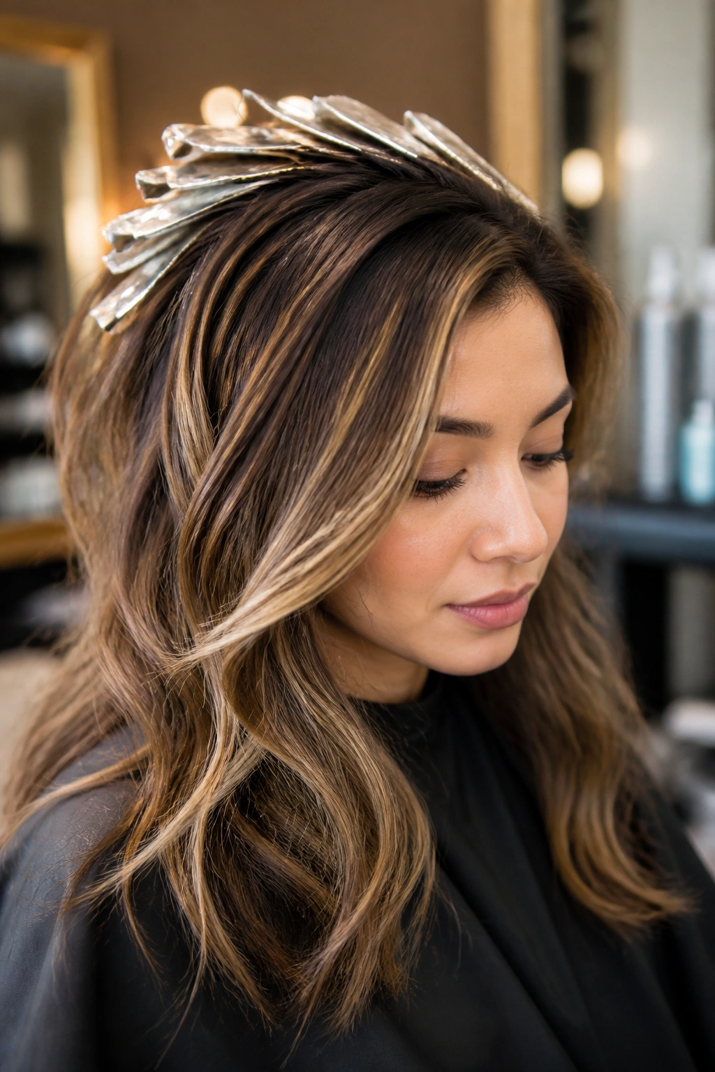 Close-up portrait of a real woman with dimensional foilayage on brown hair in a salon.
