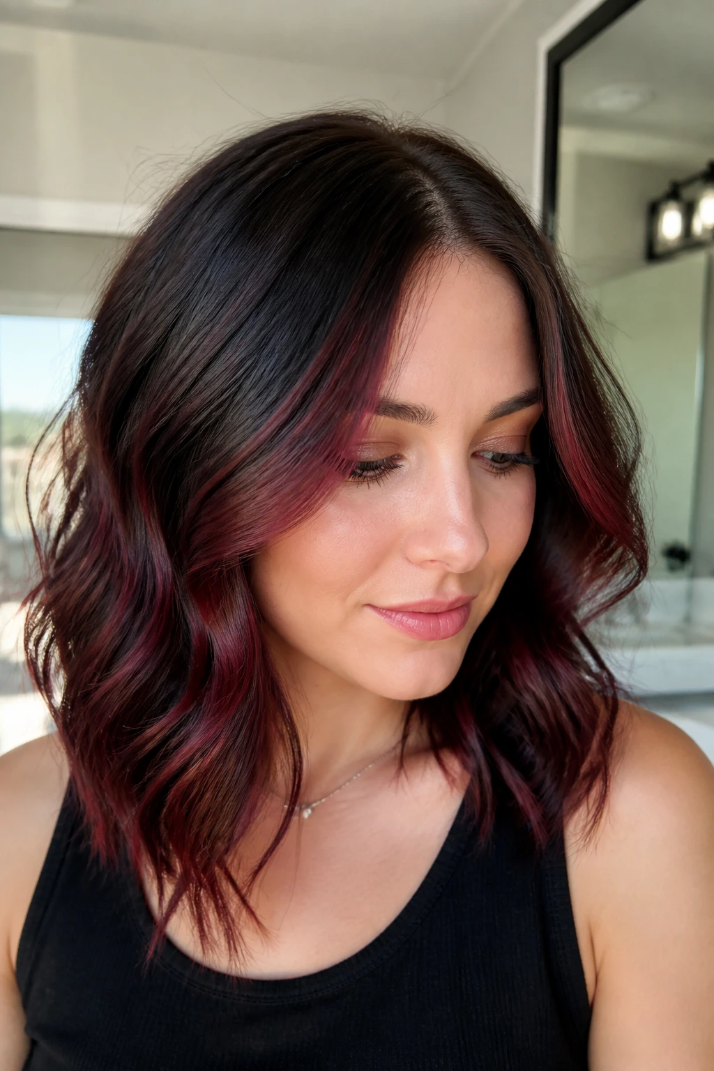 Close-up of burgundy foilayage on dark brown hair with subtle grow-out