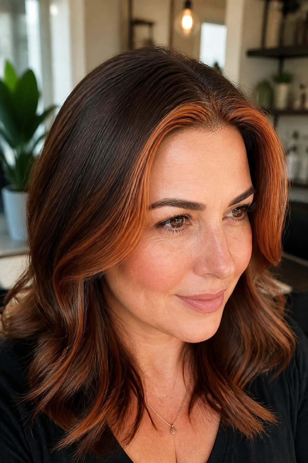 Close-up of a real woman with copper foilayage around the hairline