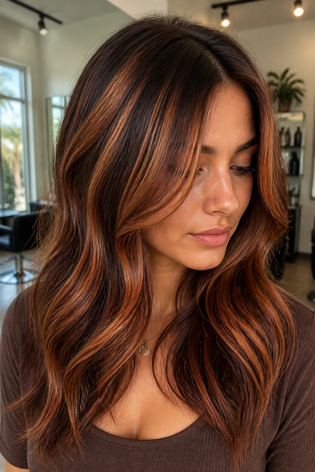 Close-up of a real woman with copper-tinted foilayage highlights