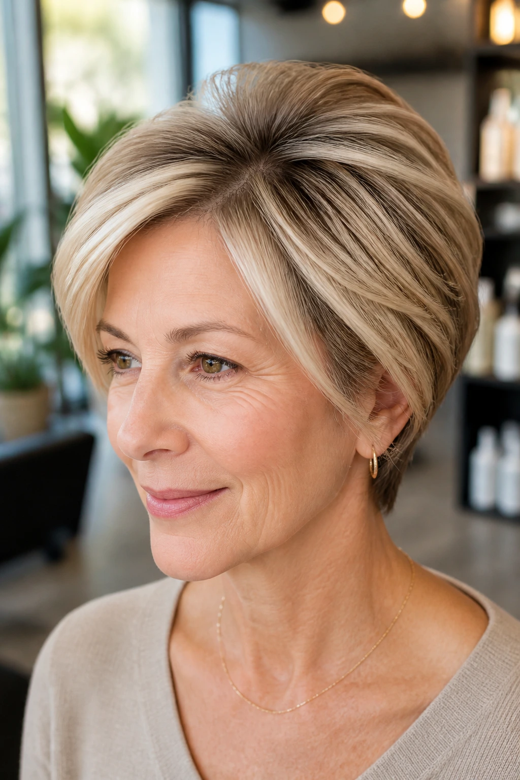 Close-up portrait of a real woman with creamy foilayage around the crown on short hair