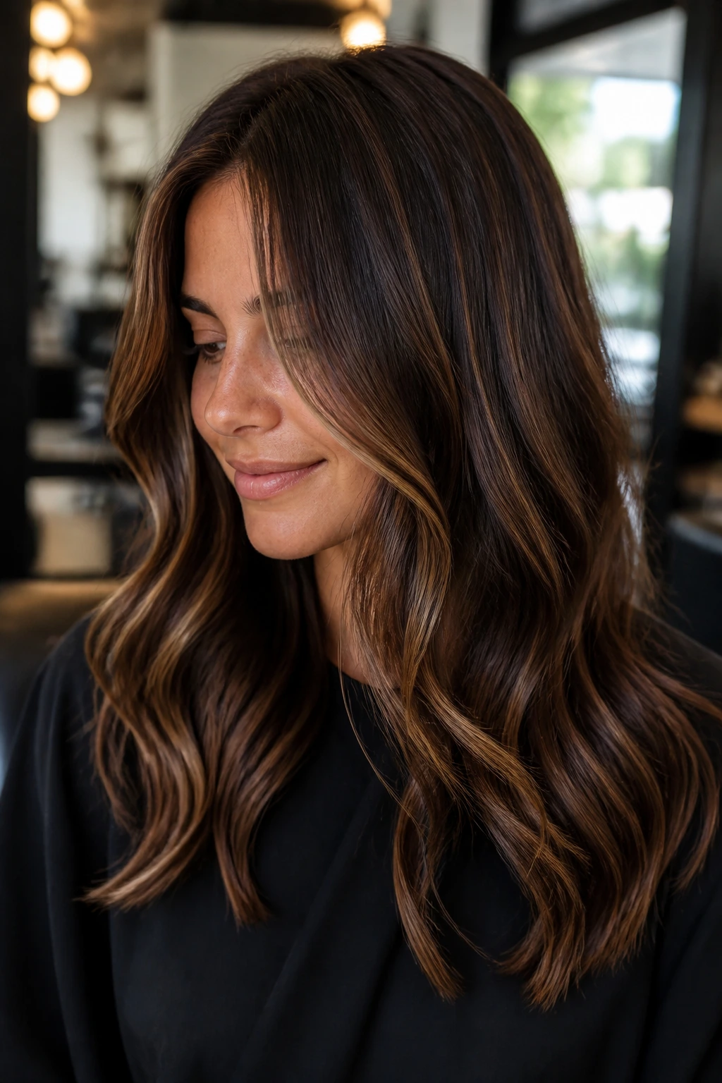 Close-up of hair on a real person with espresso brown base and thin foilayage strands