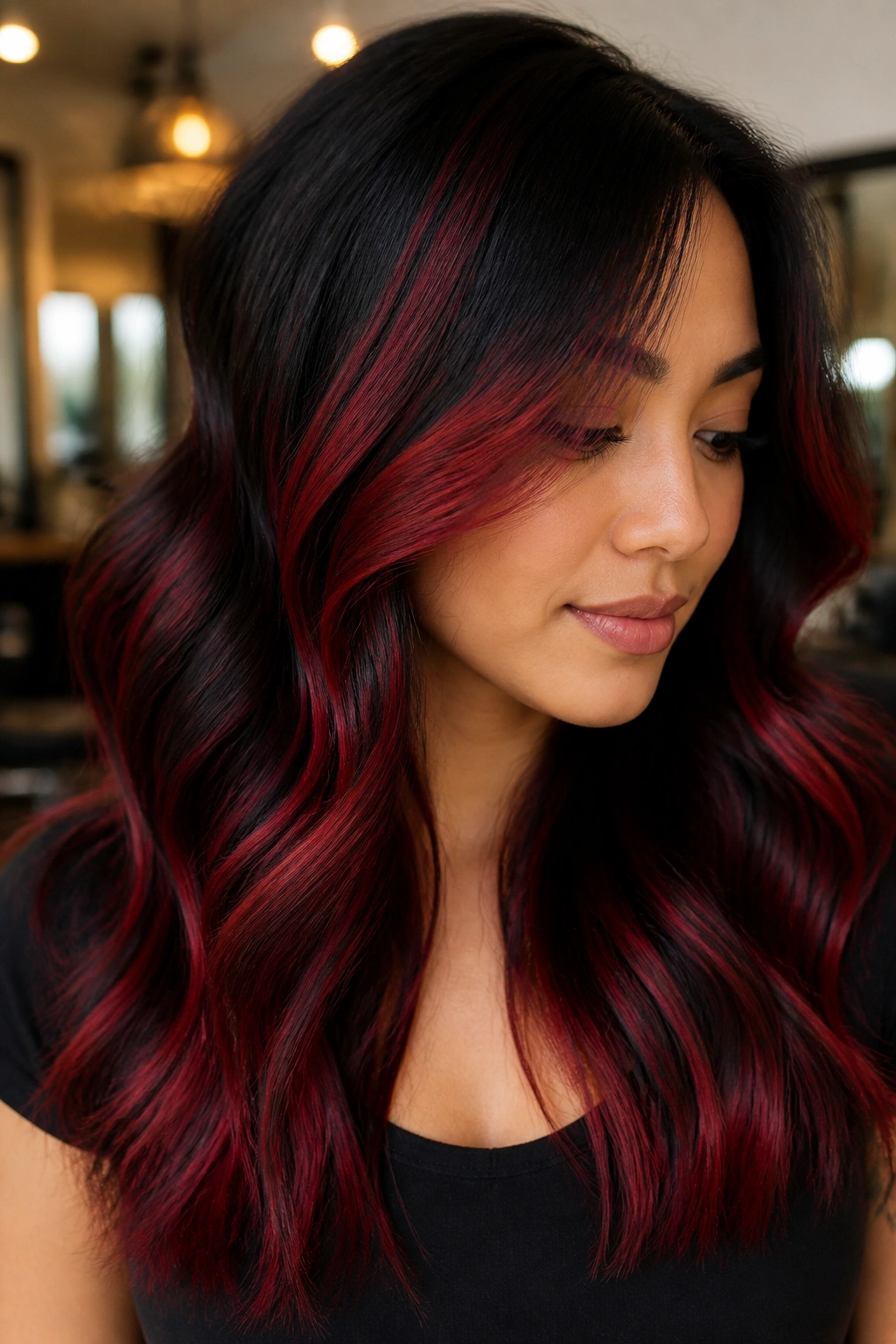 Close-up of real woman's hair with midnight black roots and red foilayage
