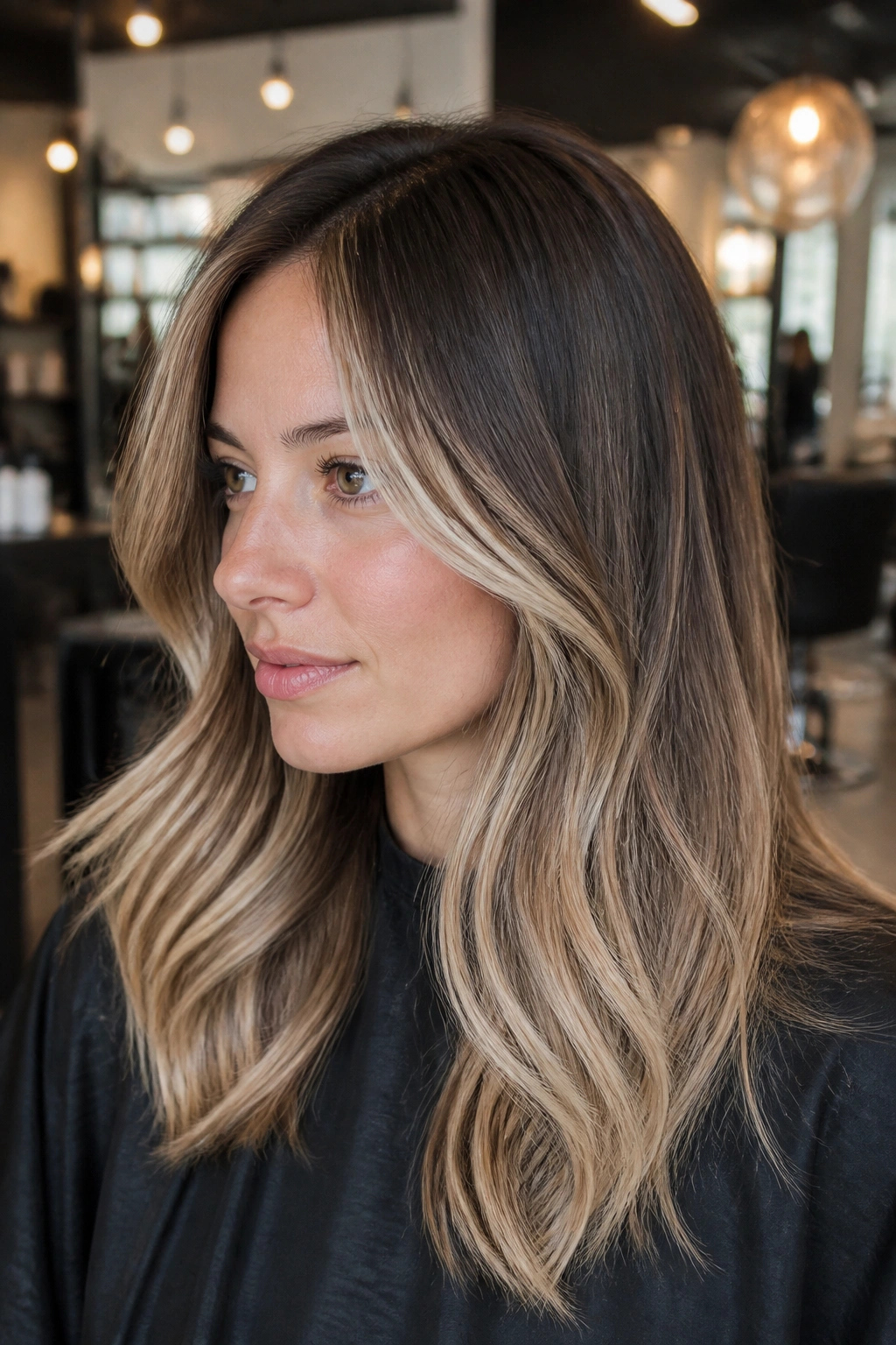 Close-up of root-shadow foilayage with dark roots and lighter ends