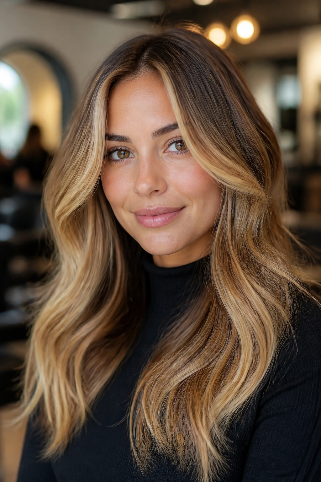 Face-framing foilayage in soft gold around the cheeks on a real woman