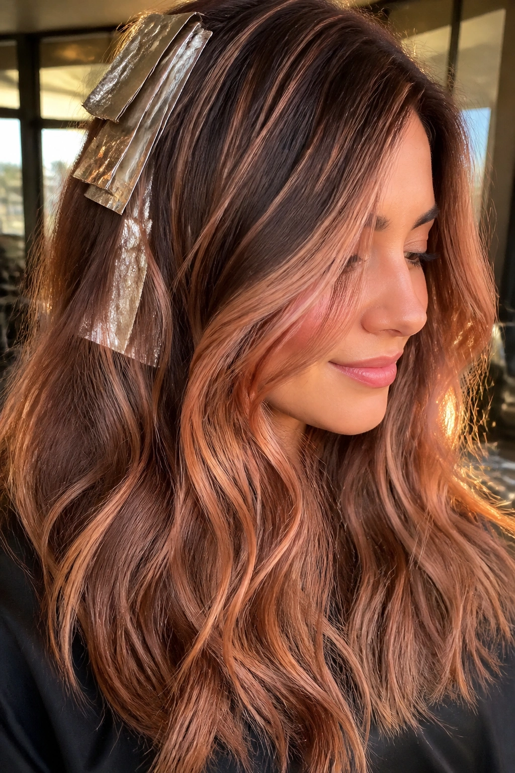 Close-up of brown hair with foilayage and warm strawberry glow on a real person
