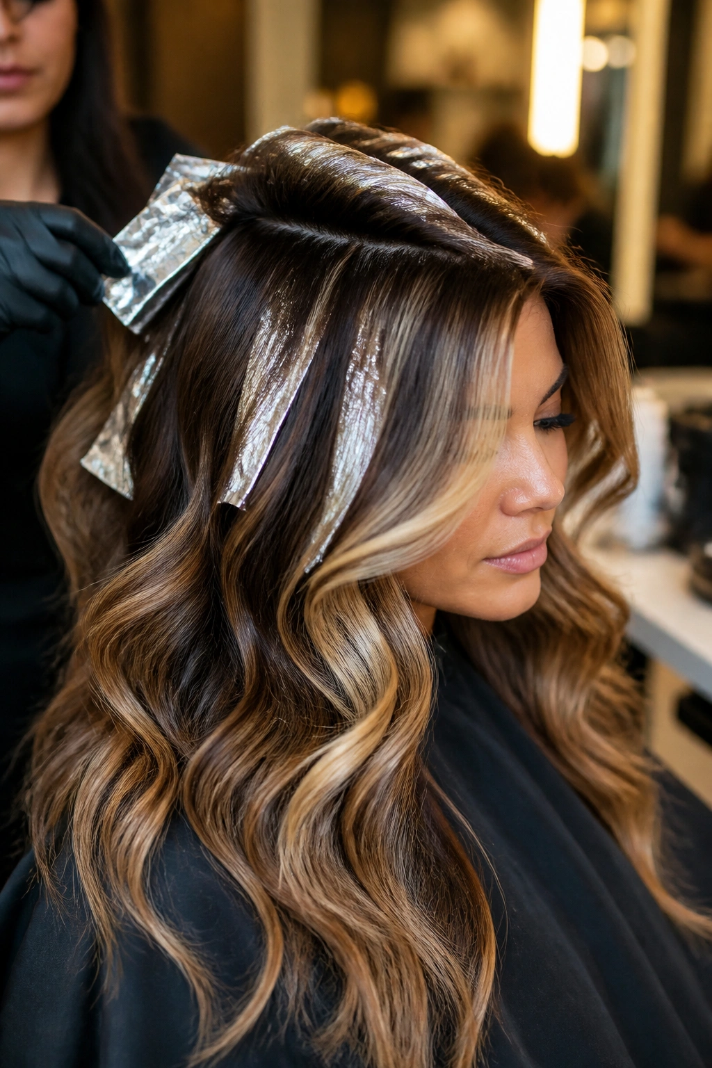 Close-up of thick hair with foilayage highlights on a real person in a salon setting