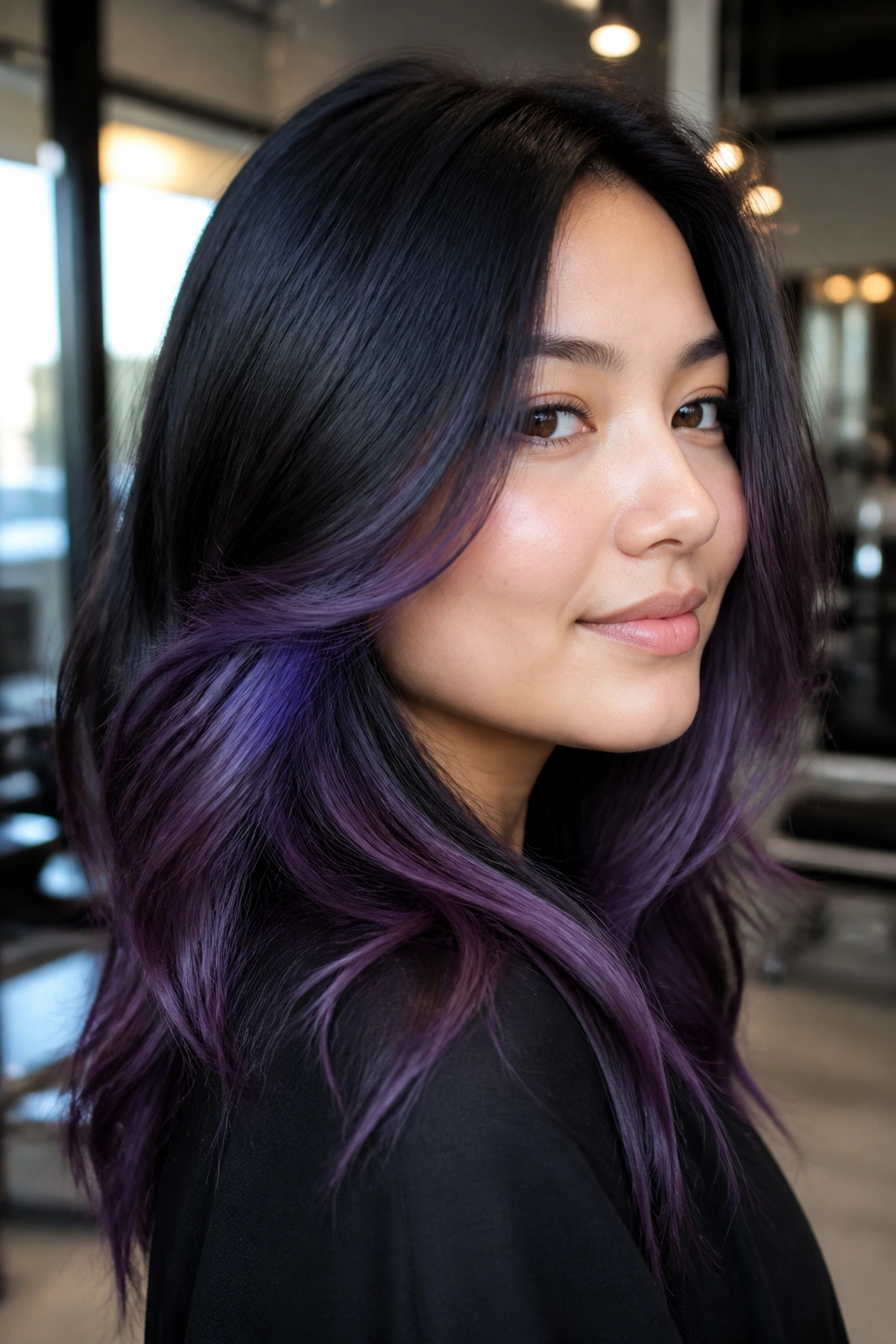 Foilayage violet starting below cheekbone on layered hair