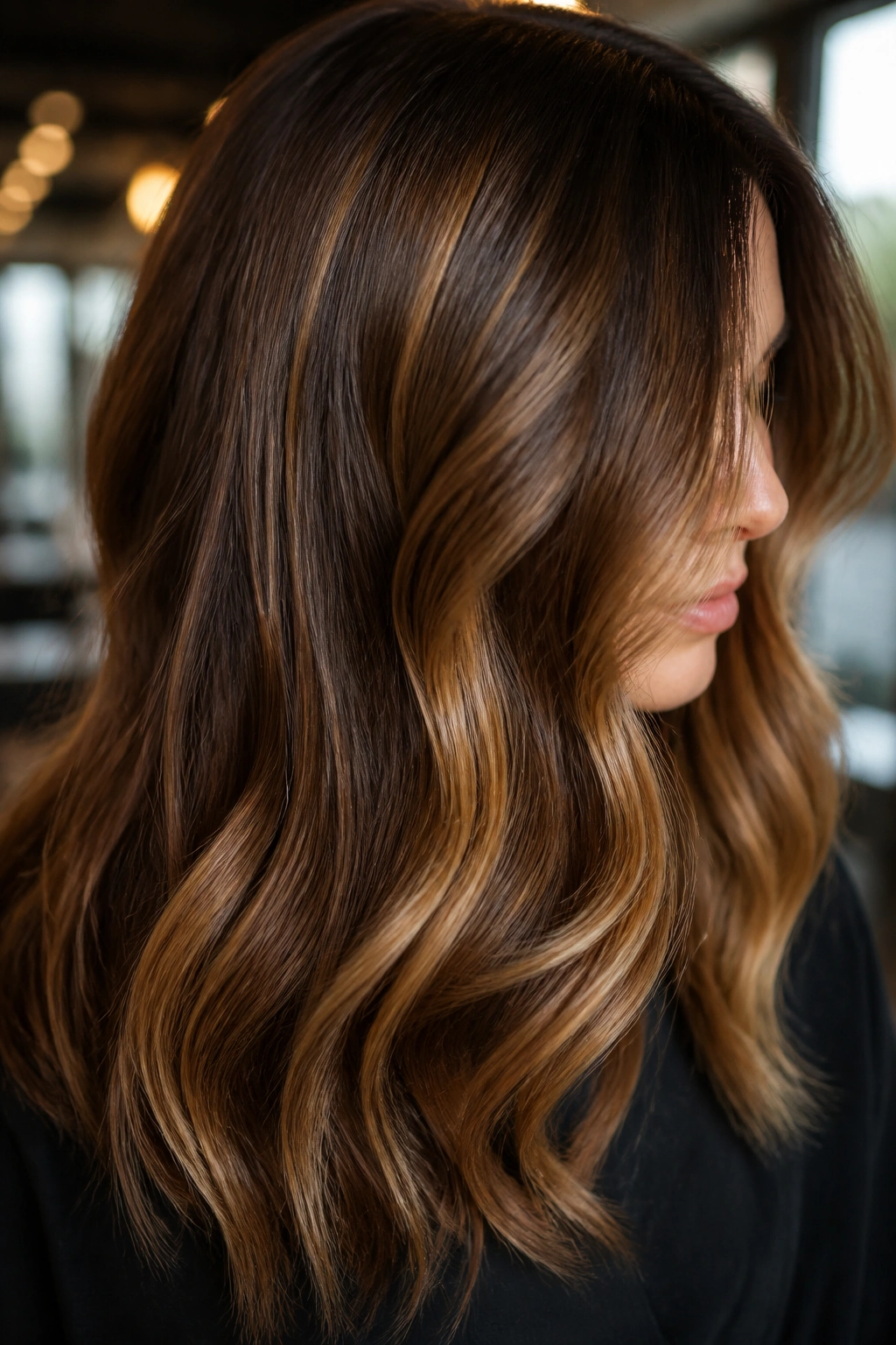 Glossy foilyage on brunette with bright caramel finish