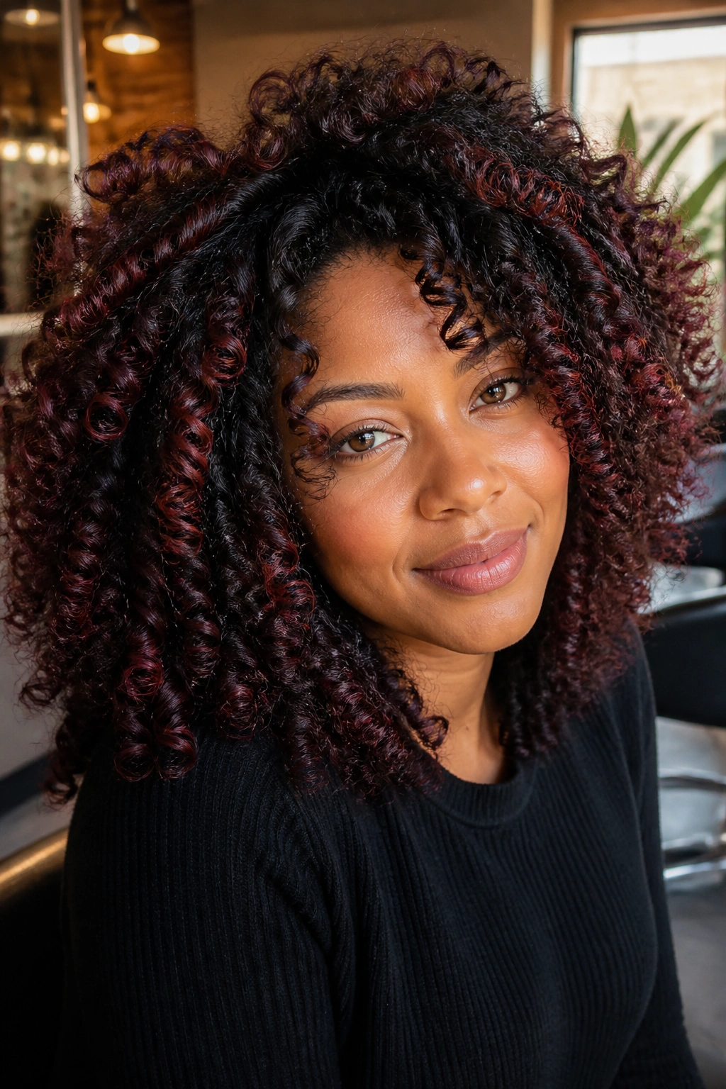 Close-up of a real person with curly hair showing smoky red foilyage on outer curls and crown