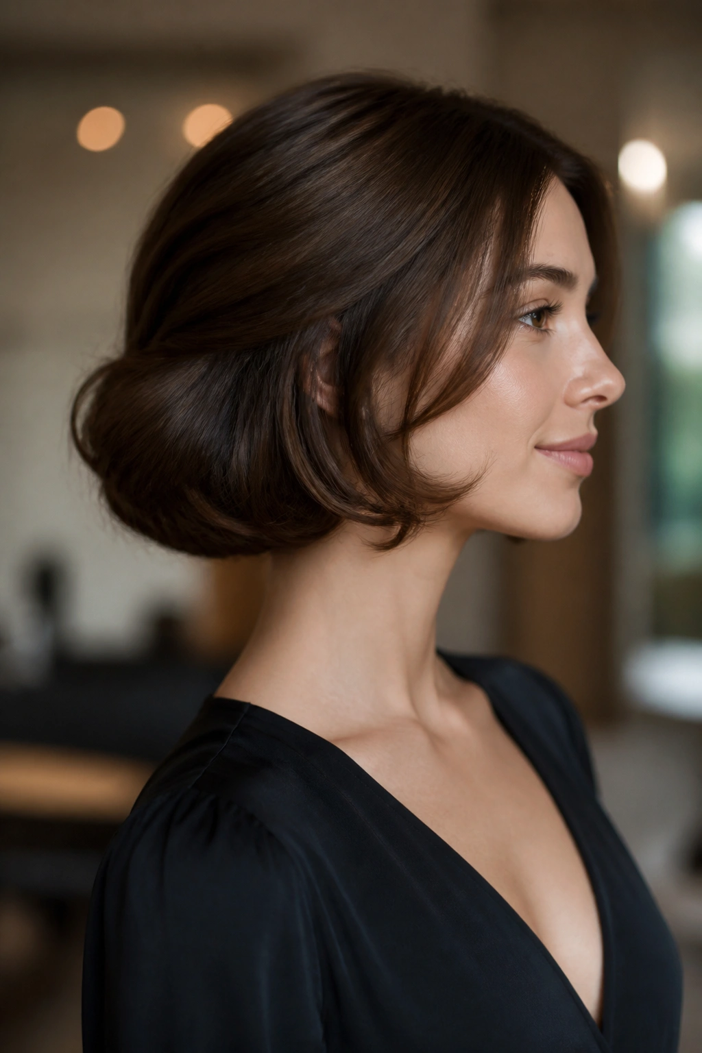 Side profile of folded faux bob with ends tucked under near neckline