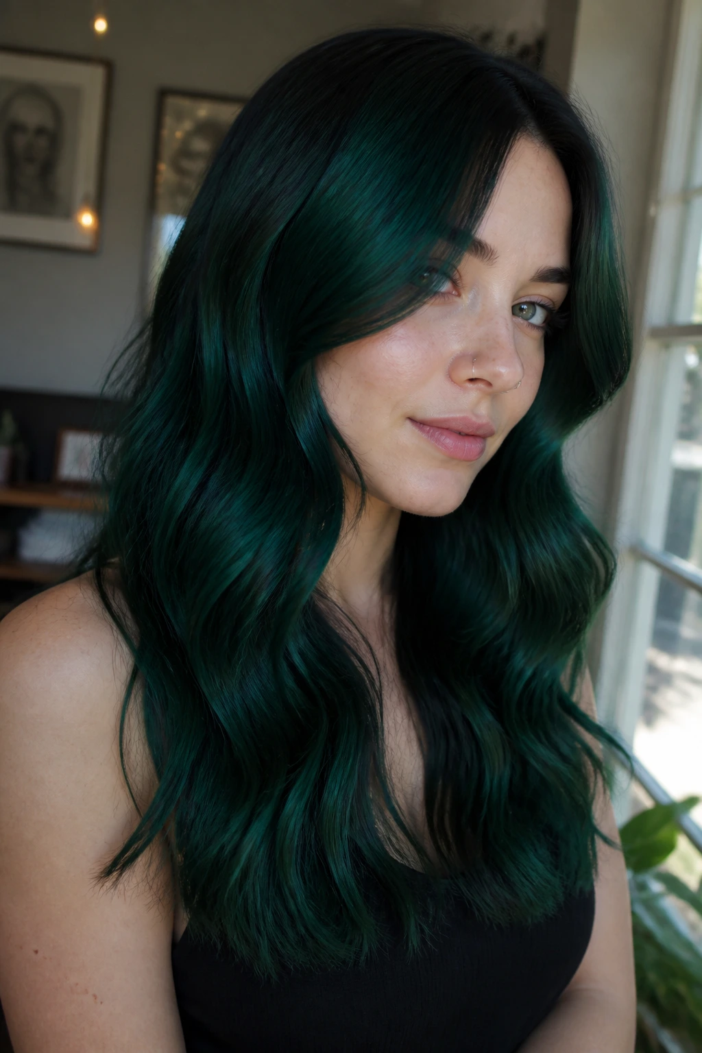 Close-up portrait of a person with deep forest emerald hair in soft waves in natural light.