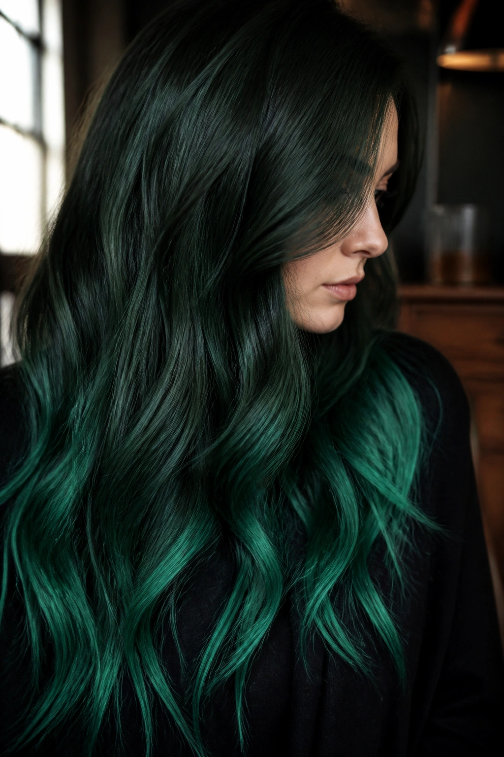 Close-up of long hair with forest green to emerald ombre in moody indoor setting