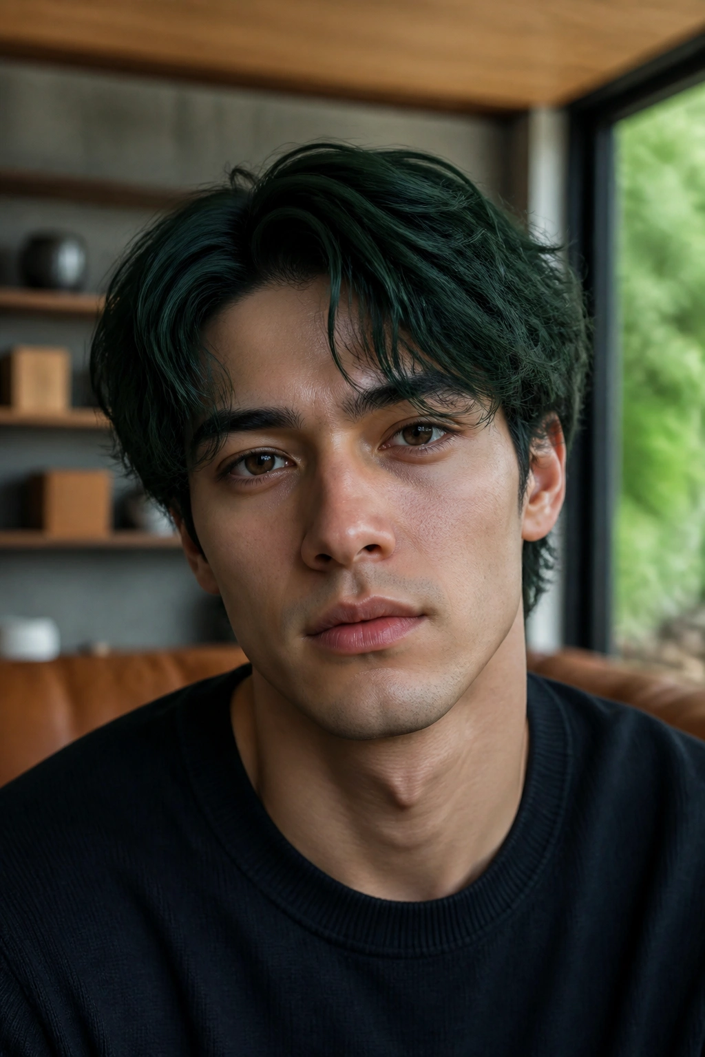 Close-up portrait of a man with forest green hair in a muted deep shade.