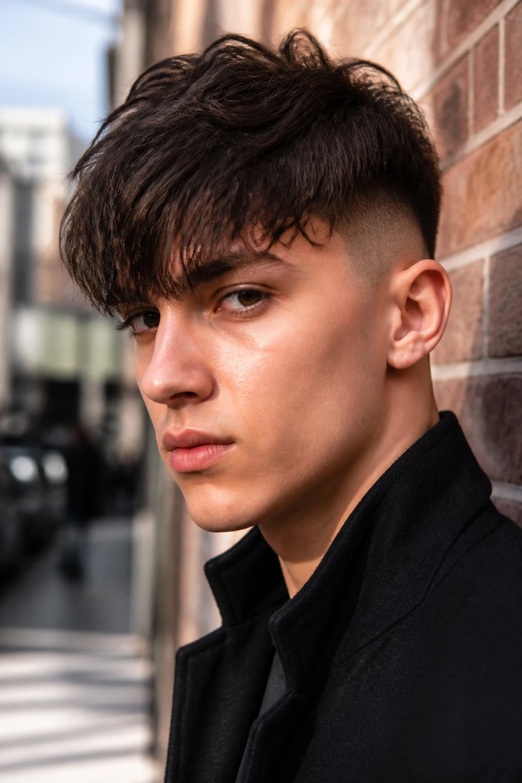 Close-up portrait of a man with forward-fringe undercut on street