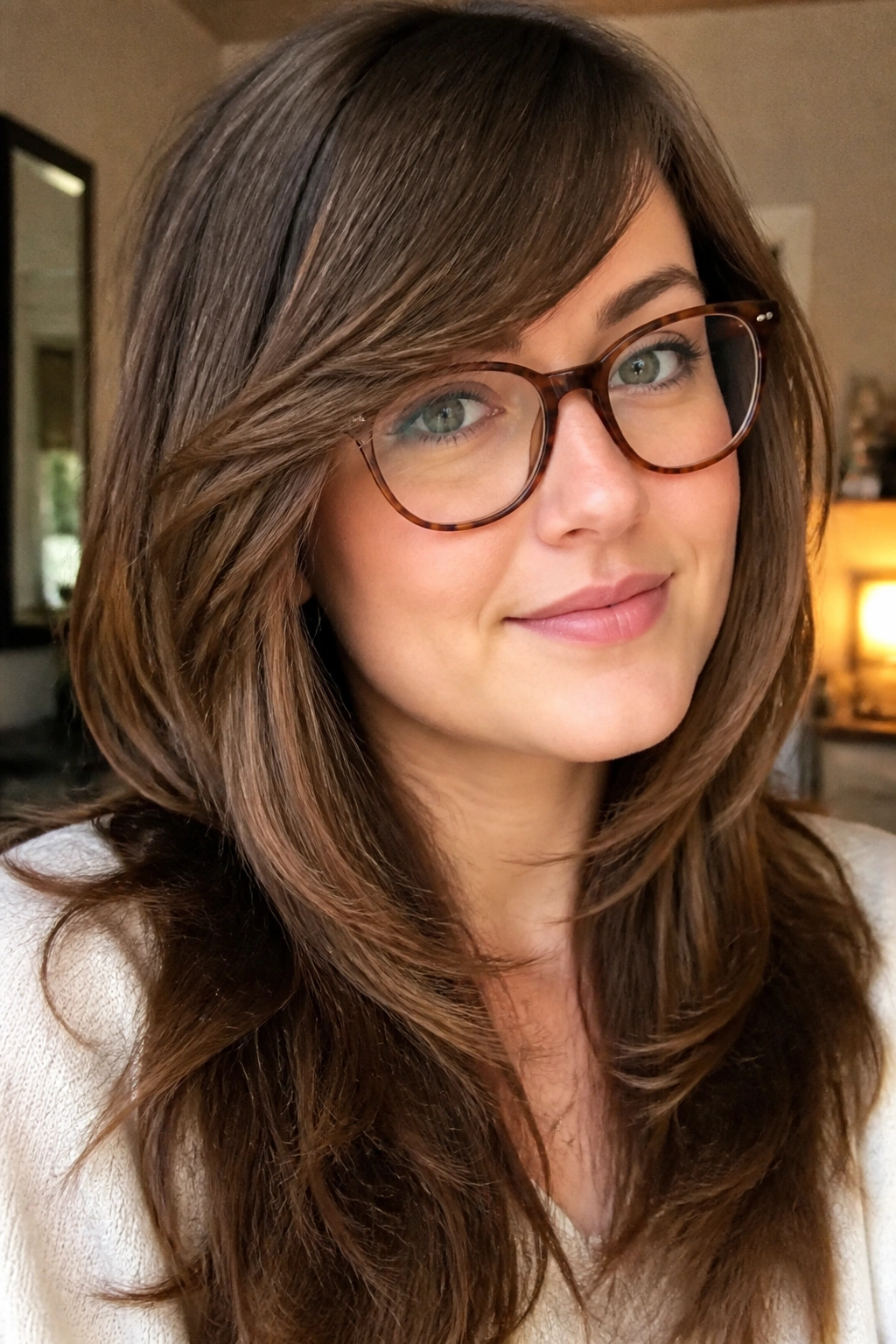Close-up portrait of a real person with a forward-swept front shag and glasses.