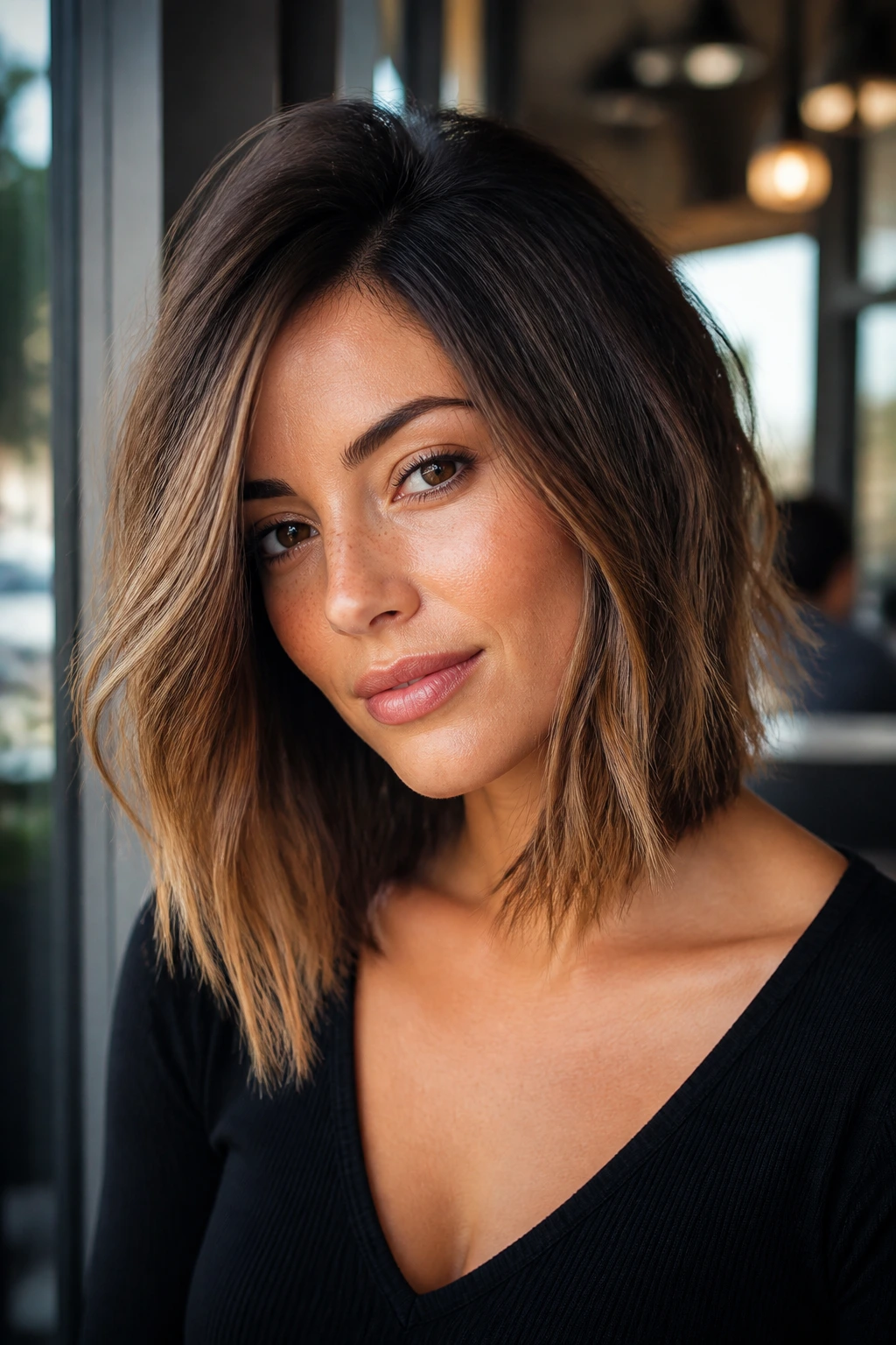 Portrait of forward-weighted lob hairstyle with front-heavy length on a real person