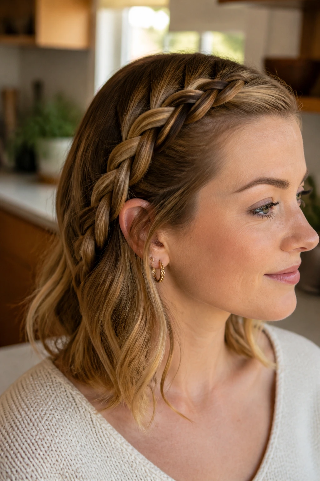 Real woman with a four-strand braid clearly visible in a close-up portrait