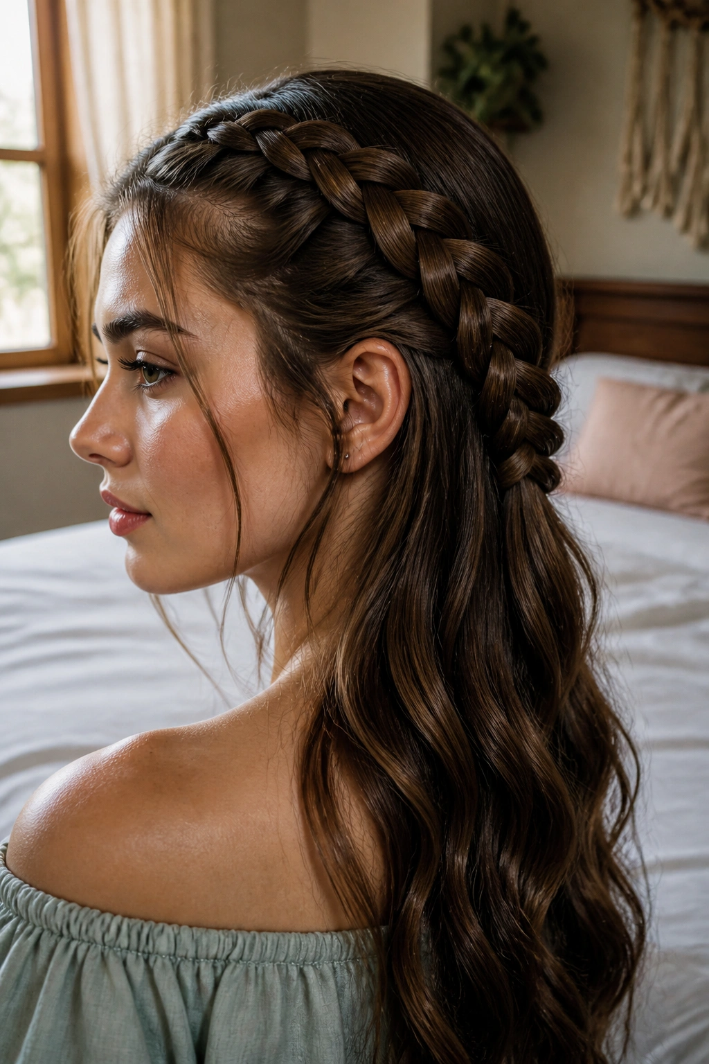 Close-up of a real person with a four-strand braid along the crown and back of the head.