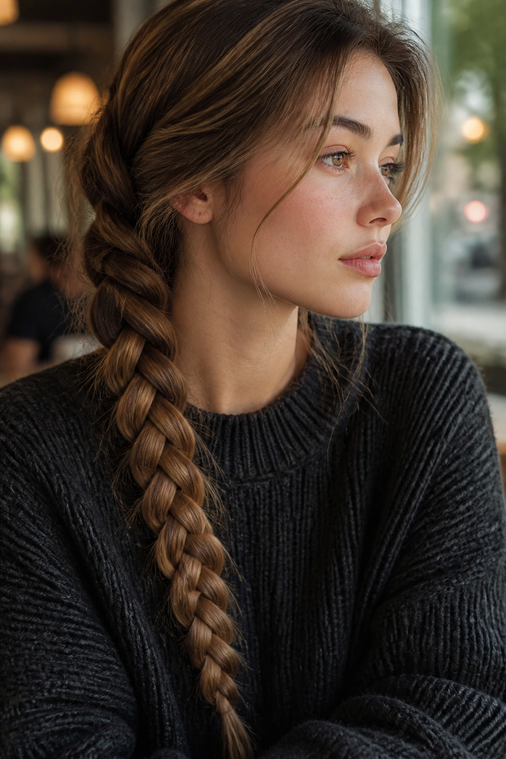 Close-up portrait of a person with a four-strand braid along the shoulder.