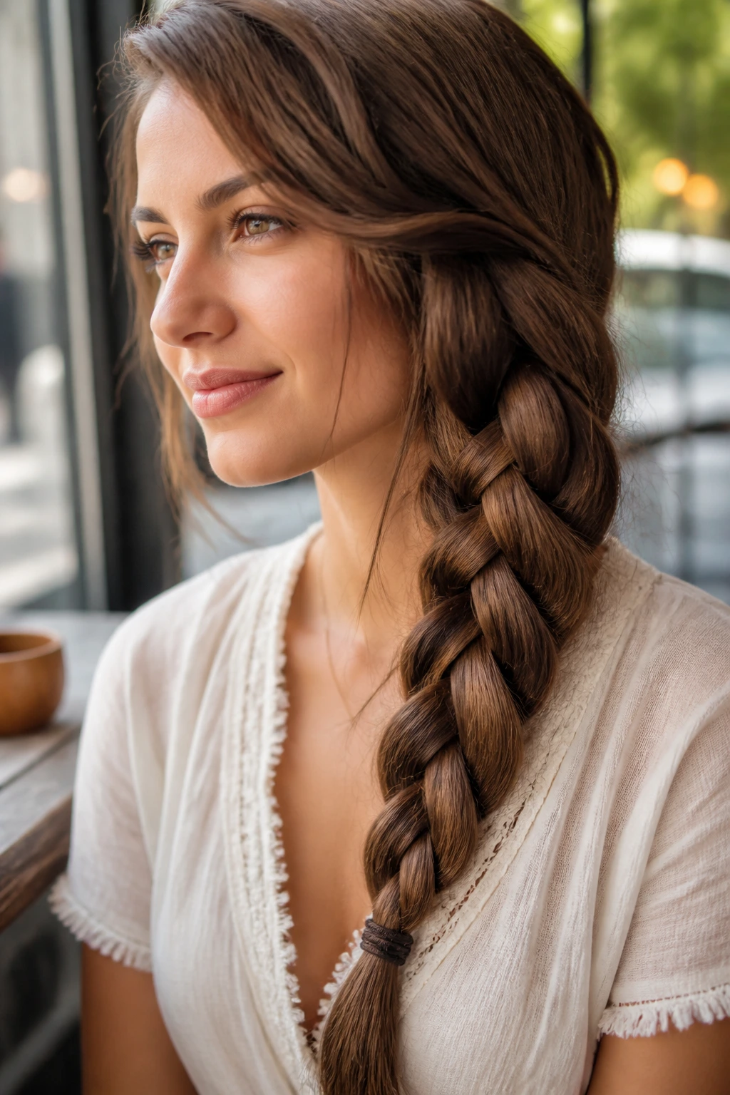 Close-up of a real woman with a four-strand side braid