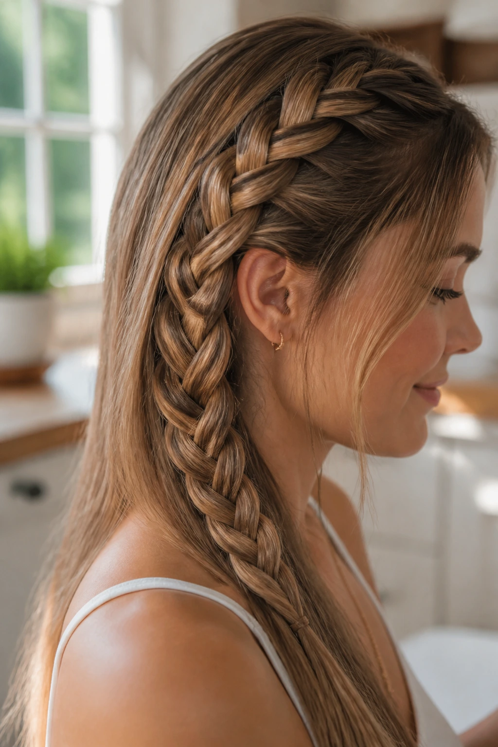 Close-up of a real woman with a four-strand braid on long hair in a sunlit room