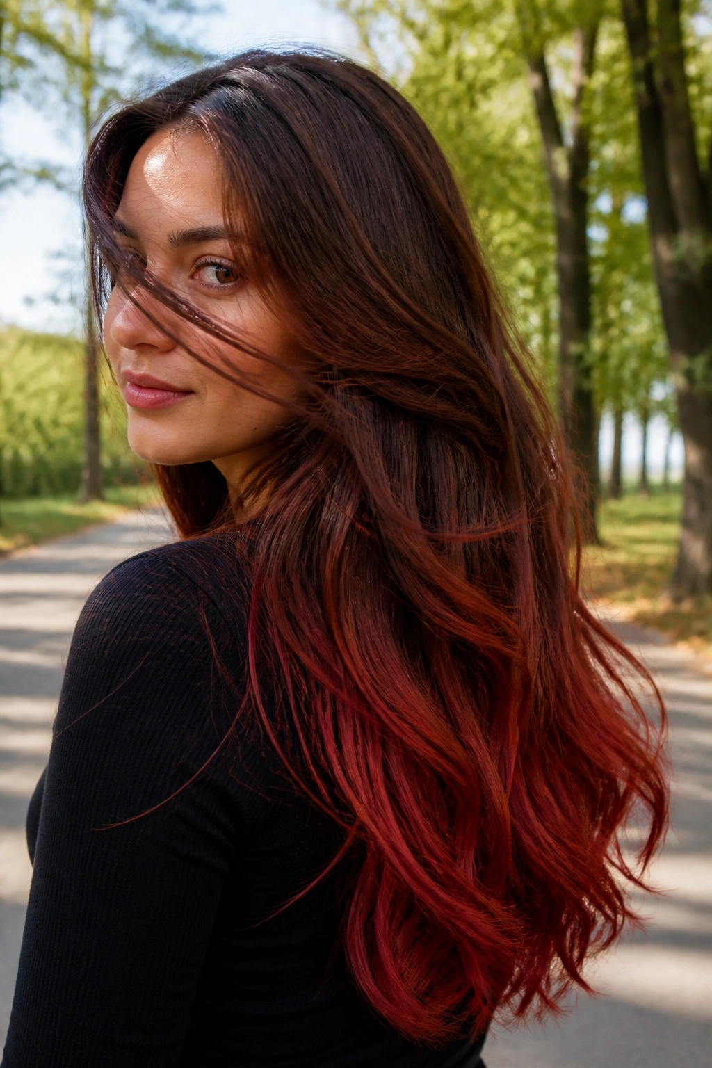Real woman with foxfire red brown gradient long hair outdoors