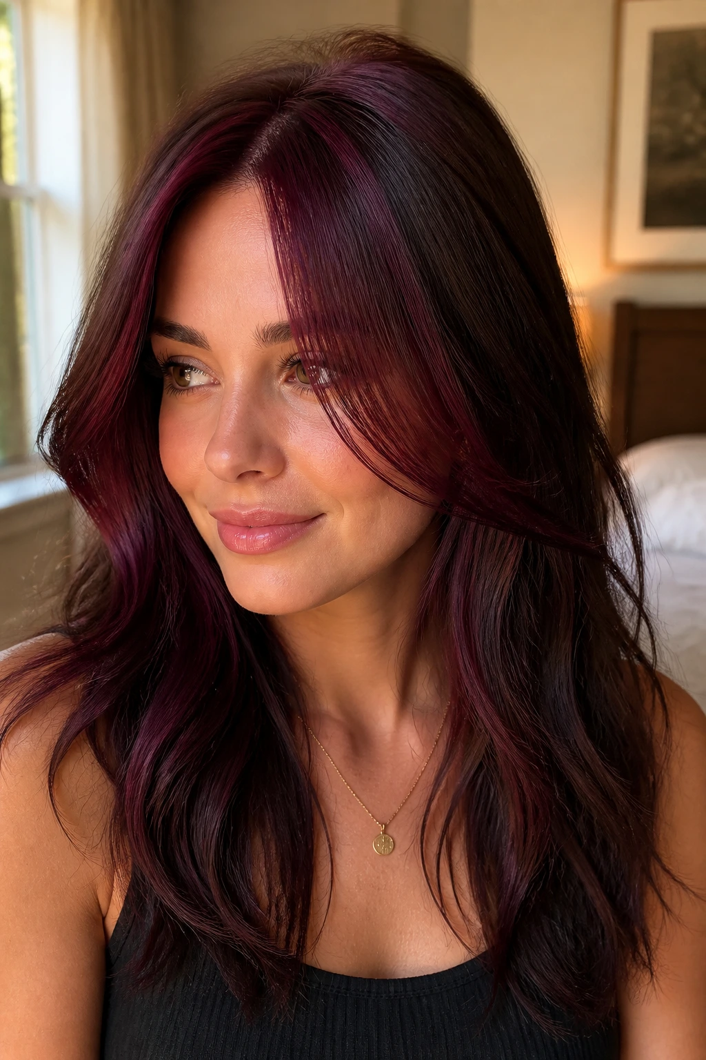Close-up of a real woman with face framing burgundy pieces and crown glow in brunette hair.
