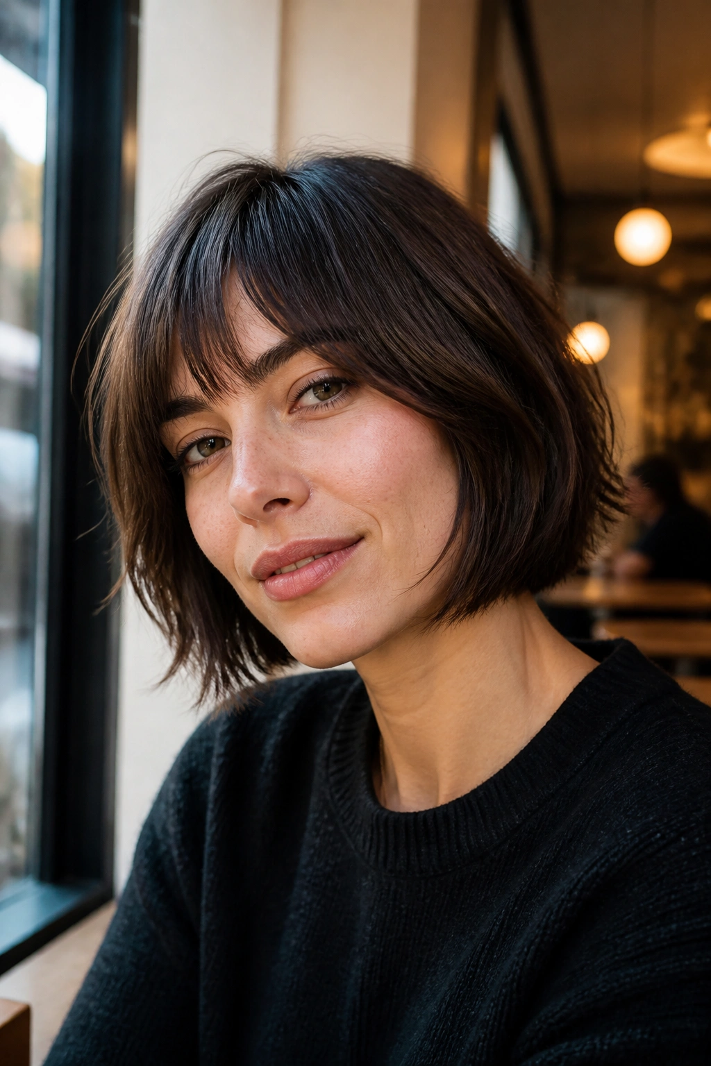Close-up of a real woman with a French bob and piecey ends.