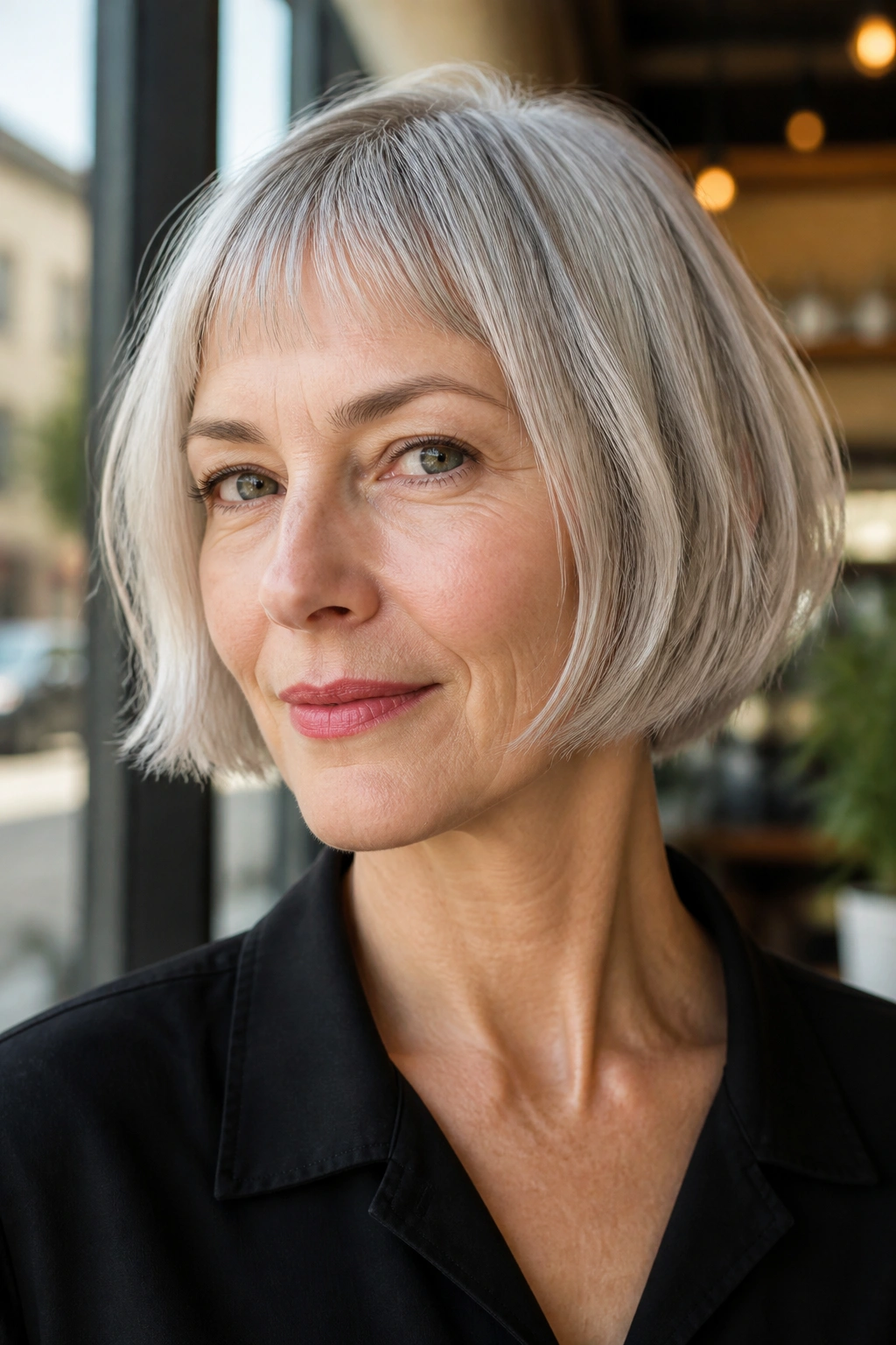 Close-up of a real woman with French bob and micro fringe in bright daylight