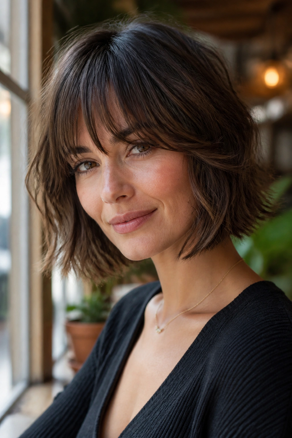 Close-up of a real woman with a French-inspired bob and loose texture in warm cafe light