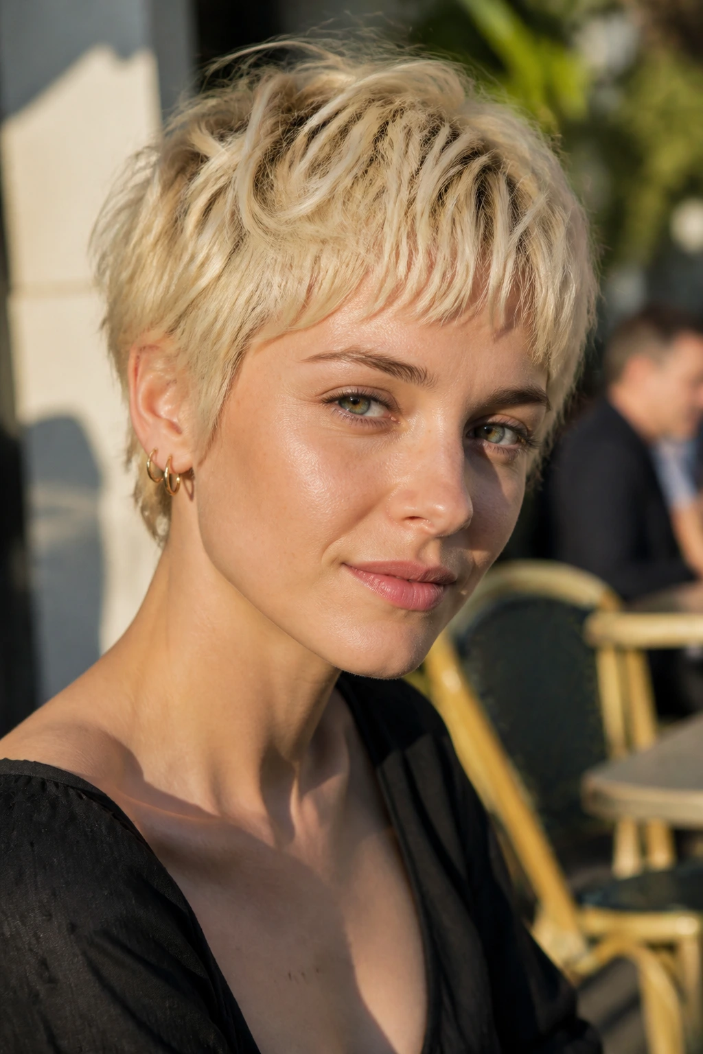 Close-up portrait of a real woman with French Blonde Pixie With a Short Fringe hairstyle.