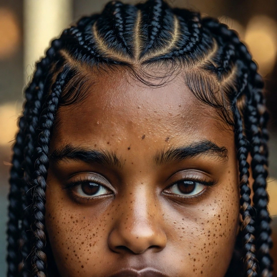 Portrait of a woman with freestyle cornrow art patterns across the scalp.