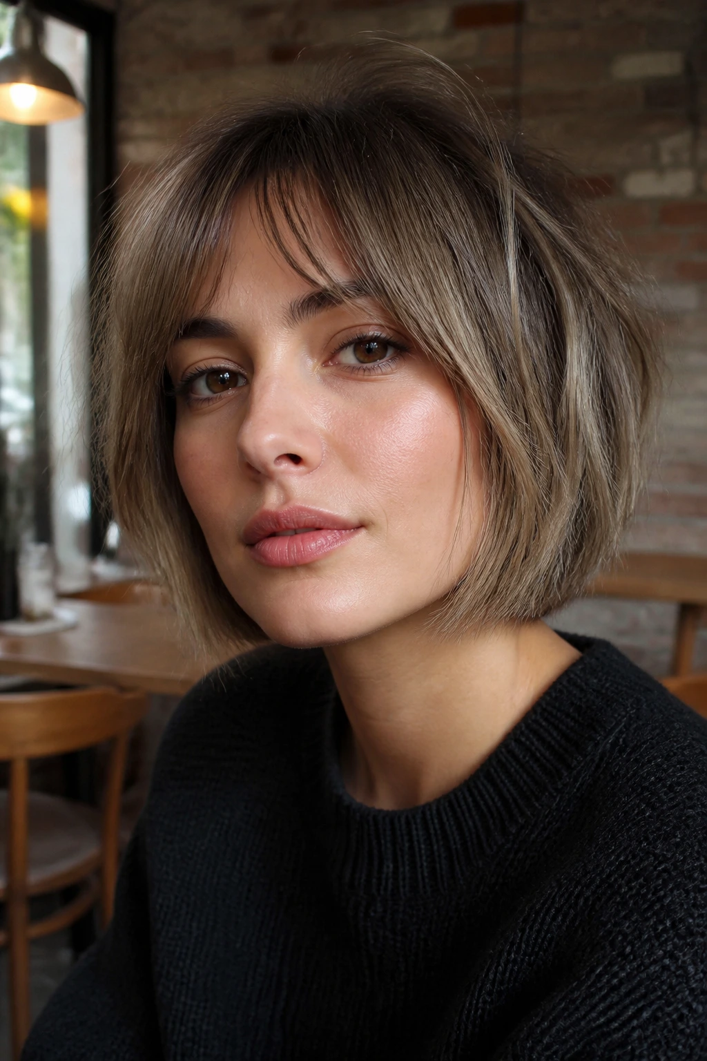 Real woman with French ash bob, textured and slightly tousled in urban cafe light
