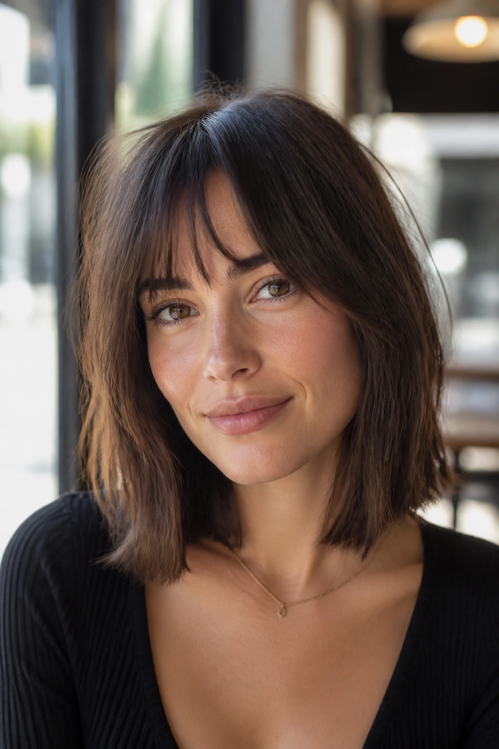 Close-up of French Bangs With a Lob on a real woman in a bright cafe setting