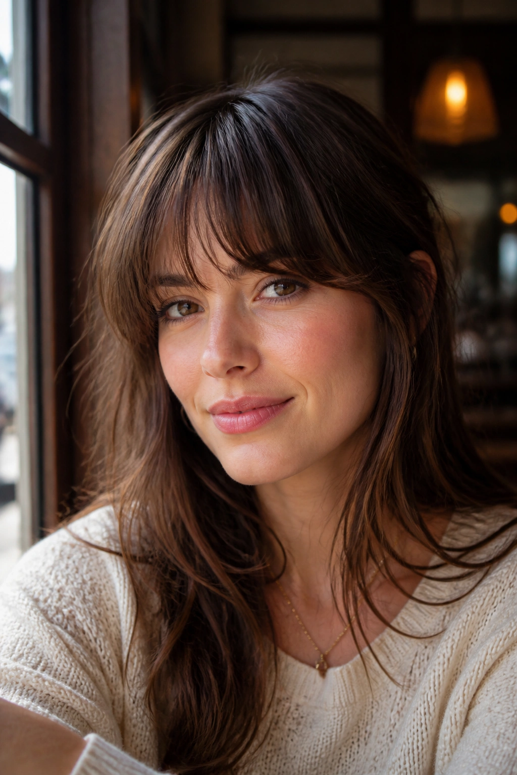 Close-up of a real woman with French girl bangs and a soft bend in a cafe window setting